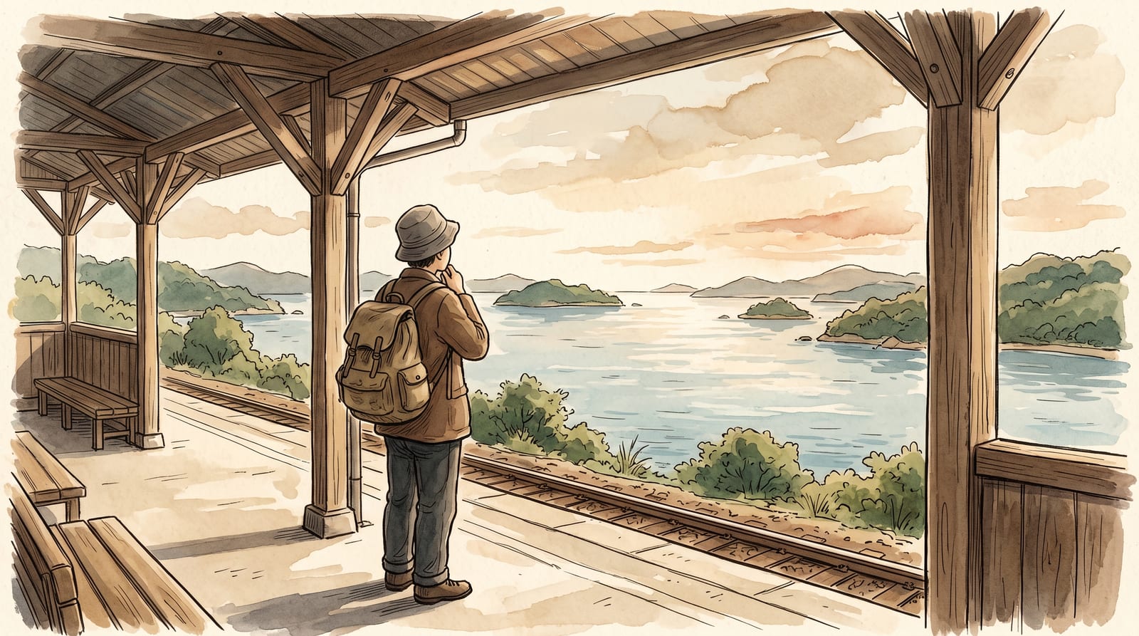 Illustration of a traveler with a backpack standing alone at the edge of a quiet covered railway platform at morning light, seen from behind, looking out toward the calm Seto Inland Sea and small green islands in the distance. Editorial watercolor in soft blue and pale gold, a sense of quiet decision before a journey.