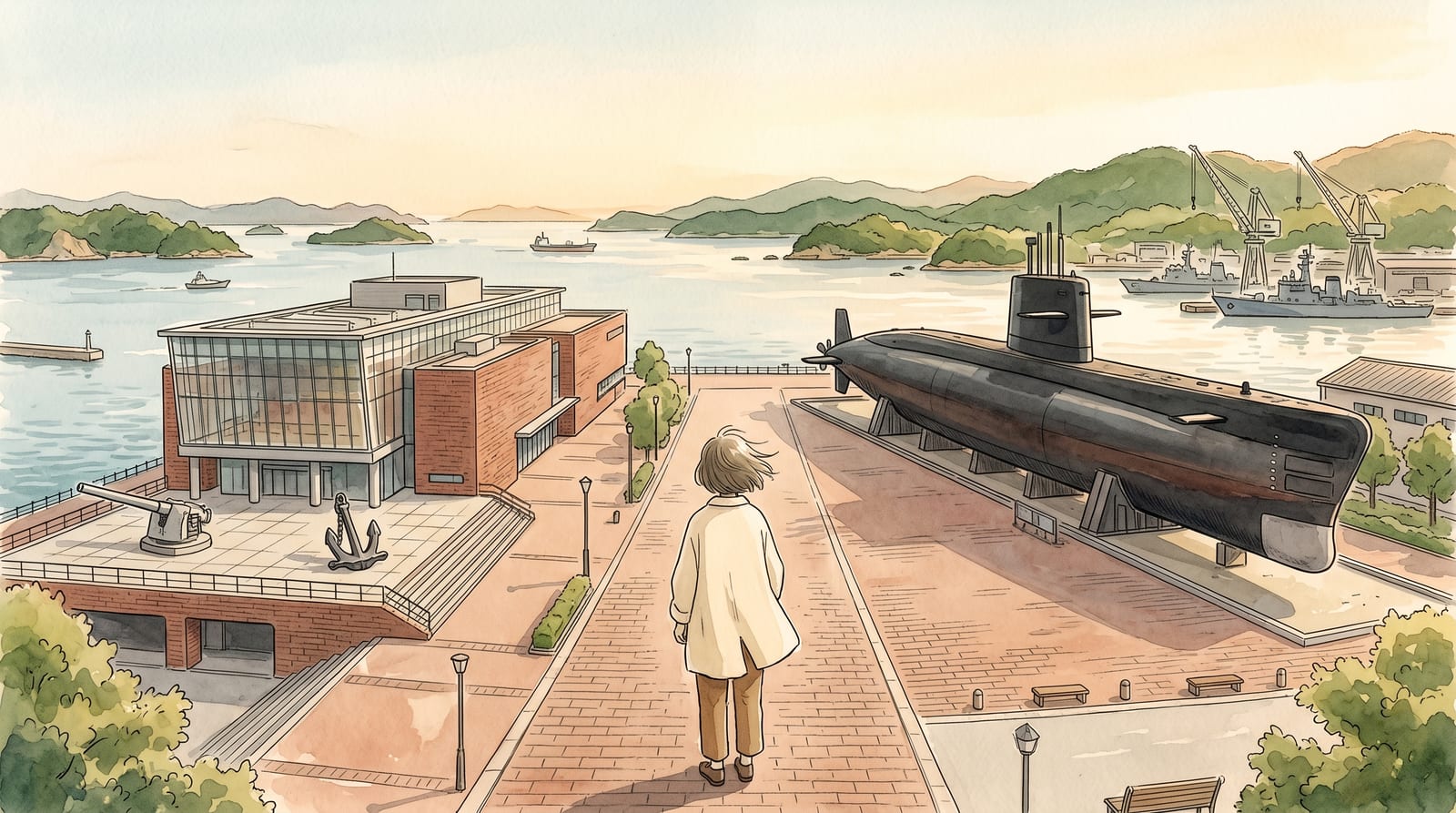 Illustration of the Kure waterfront with the Yamato Museum and the black submarine of the Iron Whale museum side by side across a brick plaza, the Seto Inland Sea behind, a clear afternoon. Editorial watercolor in muted blue-grey and warm brick tones.