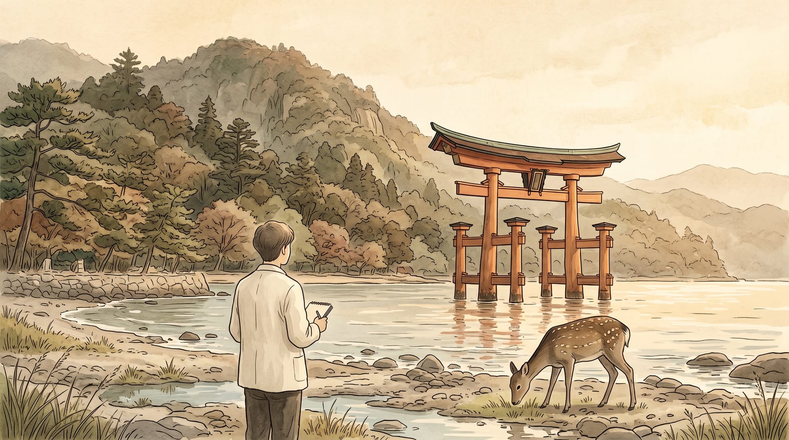 Illustration of the great vermilion torii gate of Itsukushima Shrine standing in the sea at high tide, with wooded Mt. Misen rising behind and a single deer on the foreshore. Editorial watercolor in soft vermilion, green, and pale sea-blue.