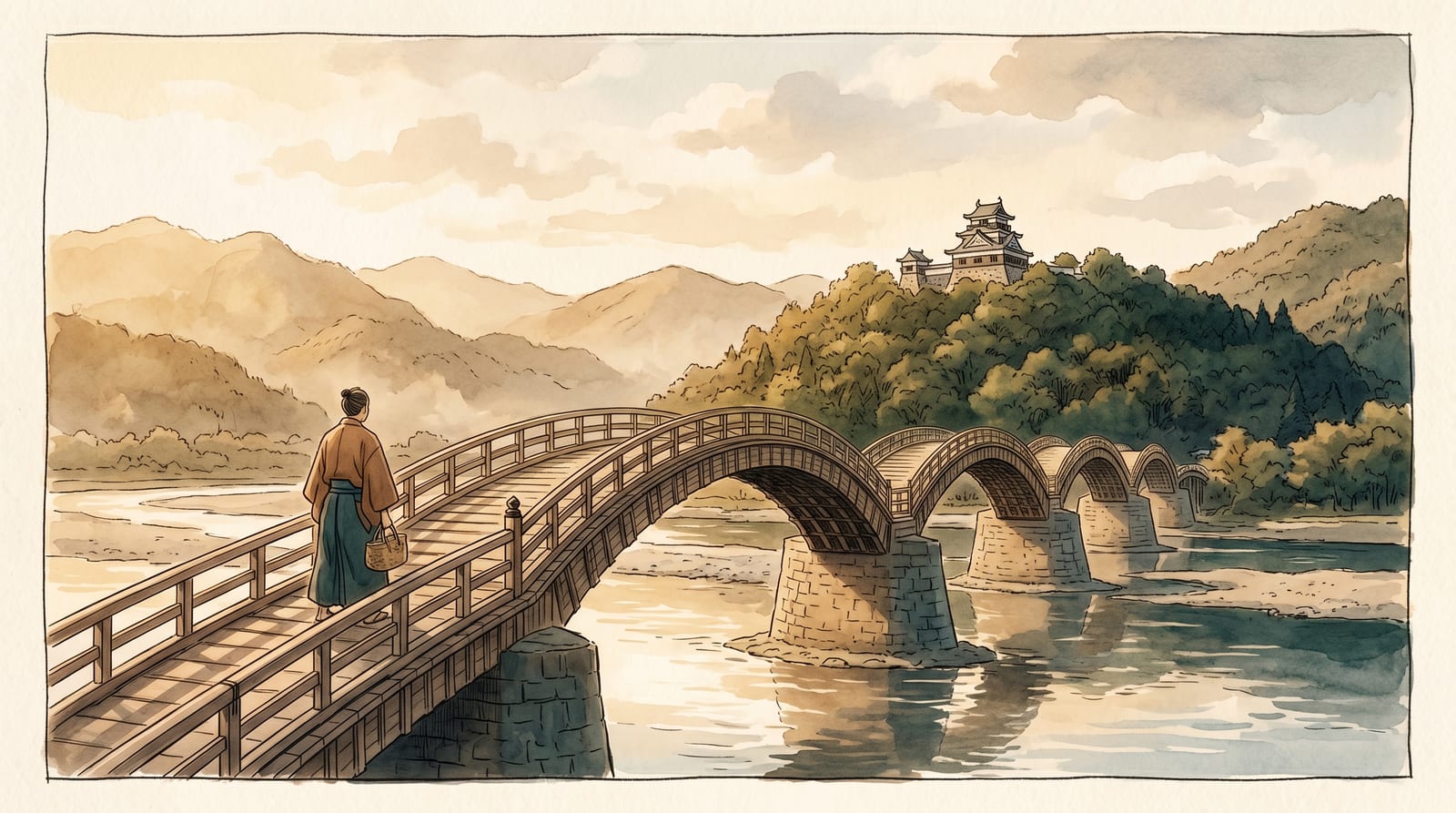 Illustration of the Kintaikyo Bridge, a series of five tall wooden arches spanning a wide shallow river, with a castle on the forested hill above and mountains behind. Editorial watercolor in warm wood-brown, river-green, and soft sky.
