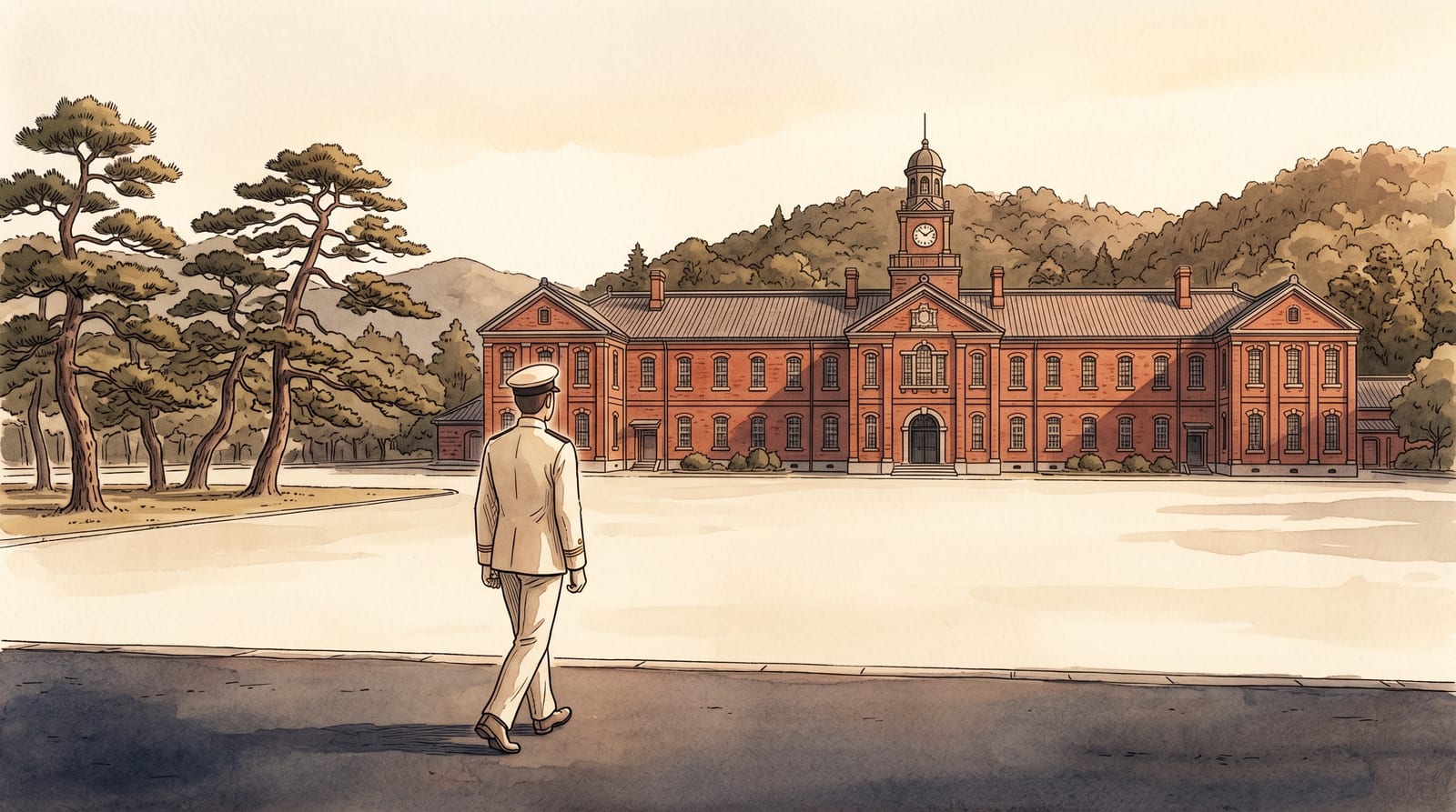 Illustration of the red-brick Midshipmen's Hall at the former Imperial Japanese Naval Academy on Etajima, a long symmetrical British-style building behind a parade ground, pine trees to the side. Editorial watercolor in faded brick-red and green under a wide sky.