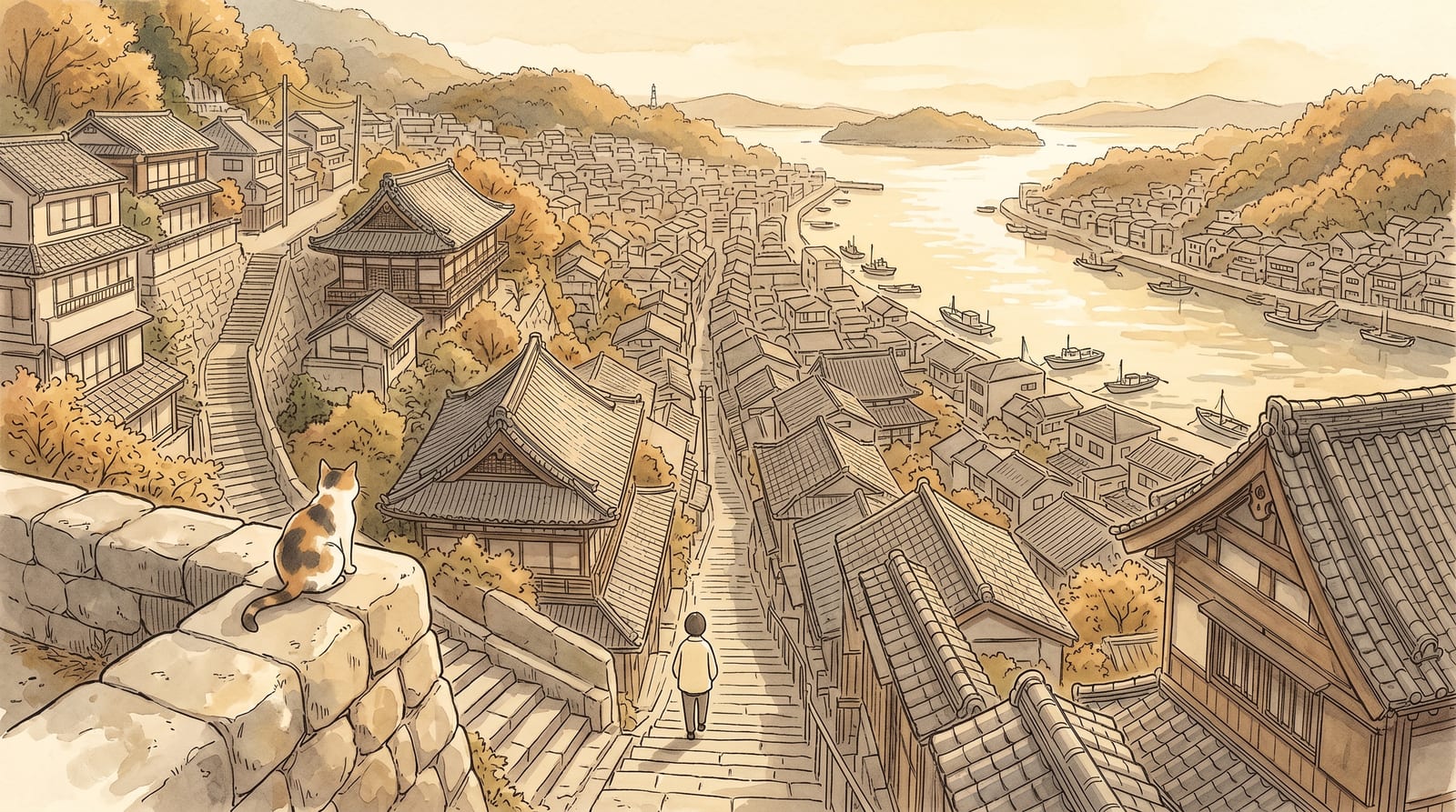 Illustration of the hillside town of Onomichi seen from above, a maze of narrow stepped lanes and temple roofs descending to a narrow channel of water with boats, a cat sitting on a stone wall in the foreground. Editorial watercolor in warm terracotta, green, and channel-blue.