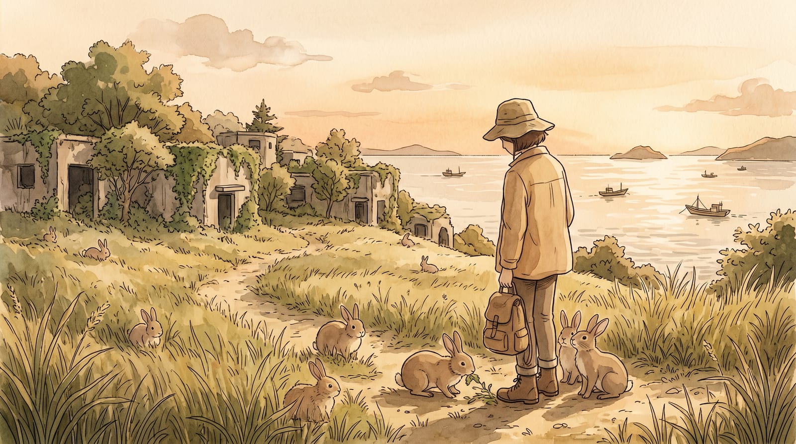 Illustration of a grassy path on Okunoshima with several friendly wild rabbits gathered around a visitor's feet, the Seto Inland Sea and a ruined concrete structure half-hidden in trees behind. Editorial watercolor in soft green and sea-blue, gentle afternoon light.
