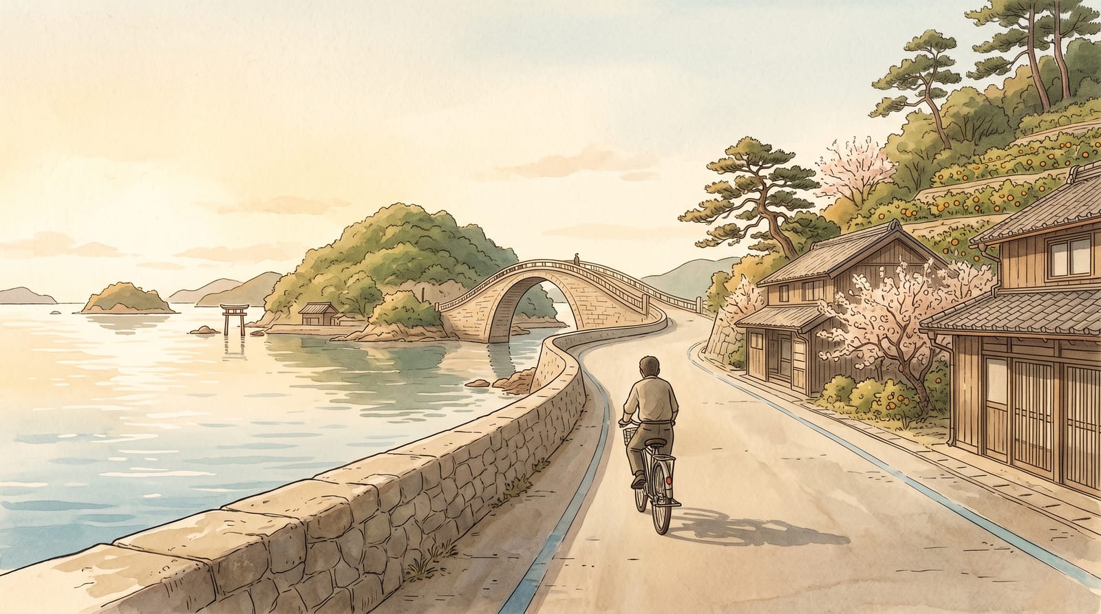 Illustration of a cyclist on a quiet coastal road along the Tobishima Kaido, a low seawall and the calm Seto Inland Sea to one side, a green island and an arched bridge ahead, almost no traffic. Editorial watercolor in clear blue and green, bright open light.