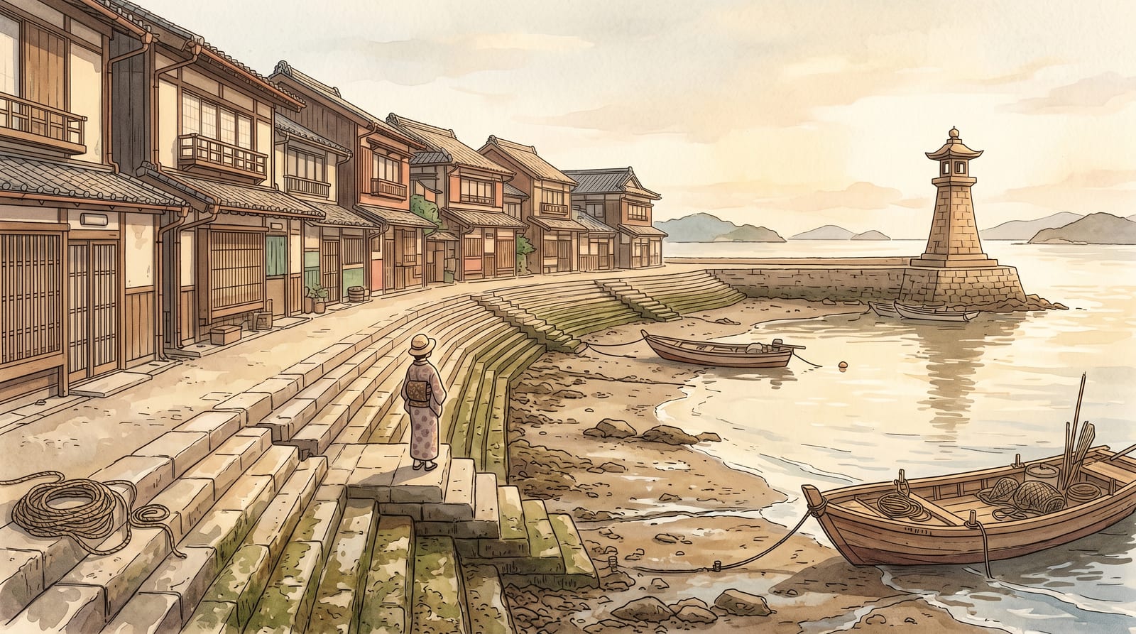 Illustration of the Mitarai gangi stone quays at low tide, weathered wooden merchant houses stepping back from the curved shoreline, a small stone lighthouse at the end of a breakwater. Editorial watercolor in faded Edo-period grey-green and pale ochre.