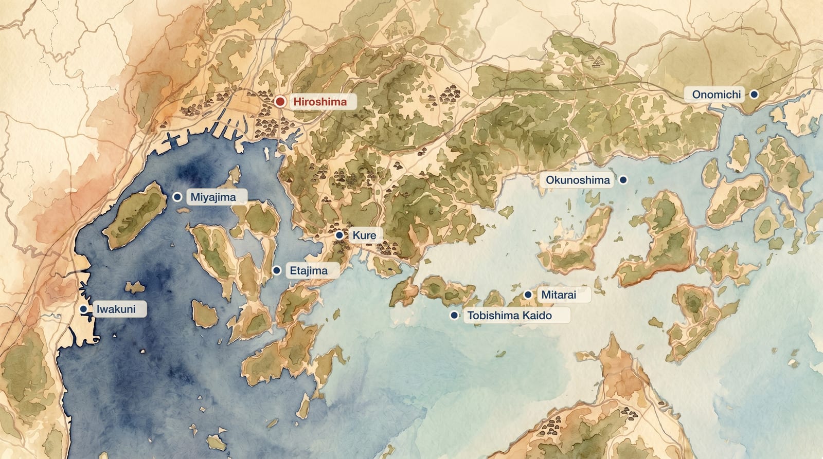 Illustration of a watercolor map of the Seto Inland Sea, with Hiroshima and the eight day trips (Kure, Miyajima, Iwakuni, Etajima, Onomichi, Okunoshima, the Tobishima Kaido, and Mitarai) marked across the islands and water.