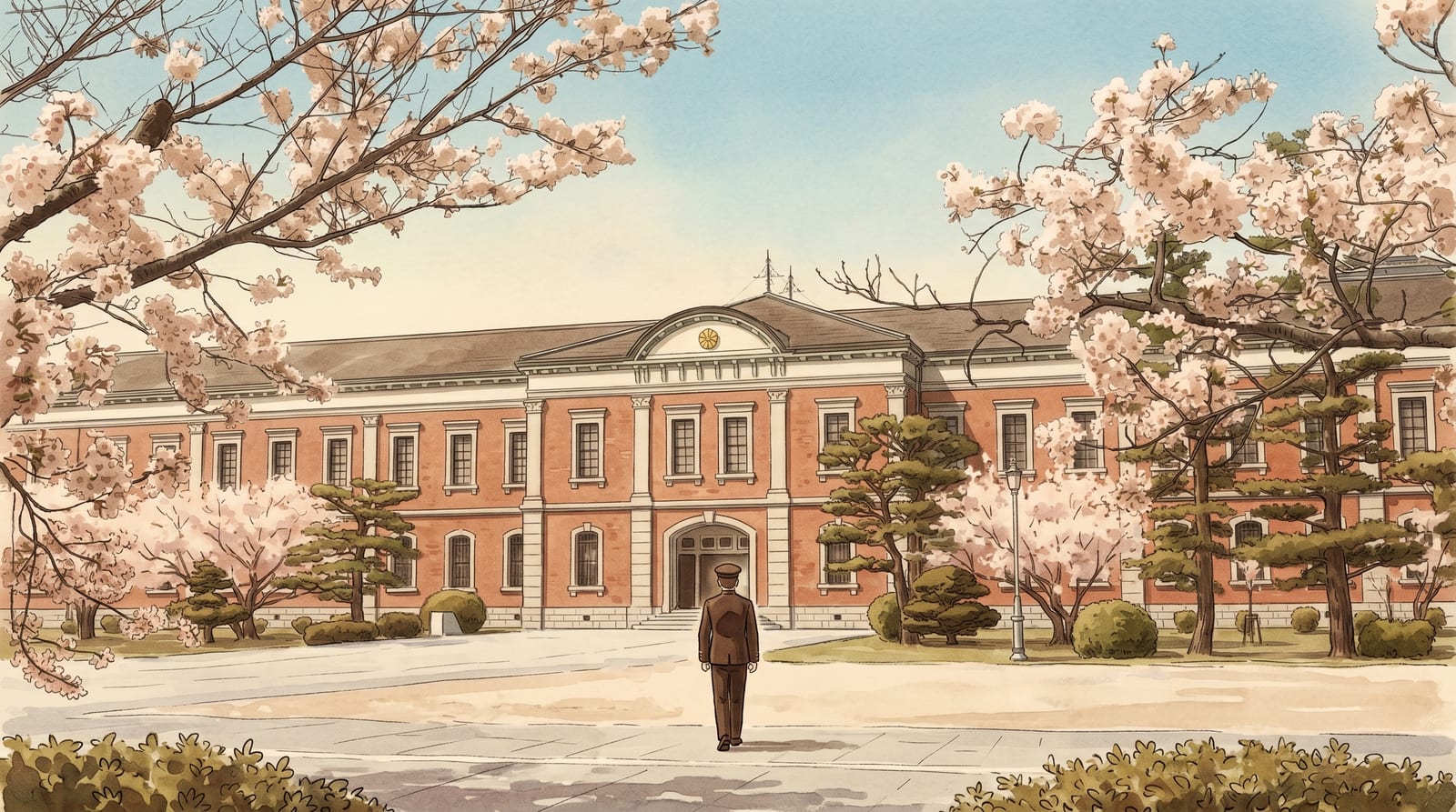 Illustration of the 1893 red-brick Students' Hall at the Etajima Naval Academy — a symmetric two-storey red-brick facade with a pale stone central entrance and pediment, seen across the broad parade ground on a clear spring morning, pine and cherry trees to the sides, a single cadet figure crossing the yard in the foreground. Editorial watercolor in muted historical palette of brick red, olive, and grey.