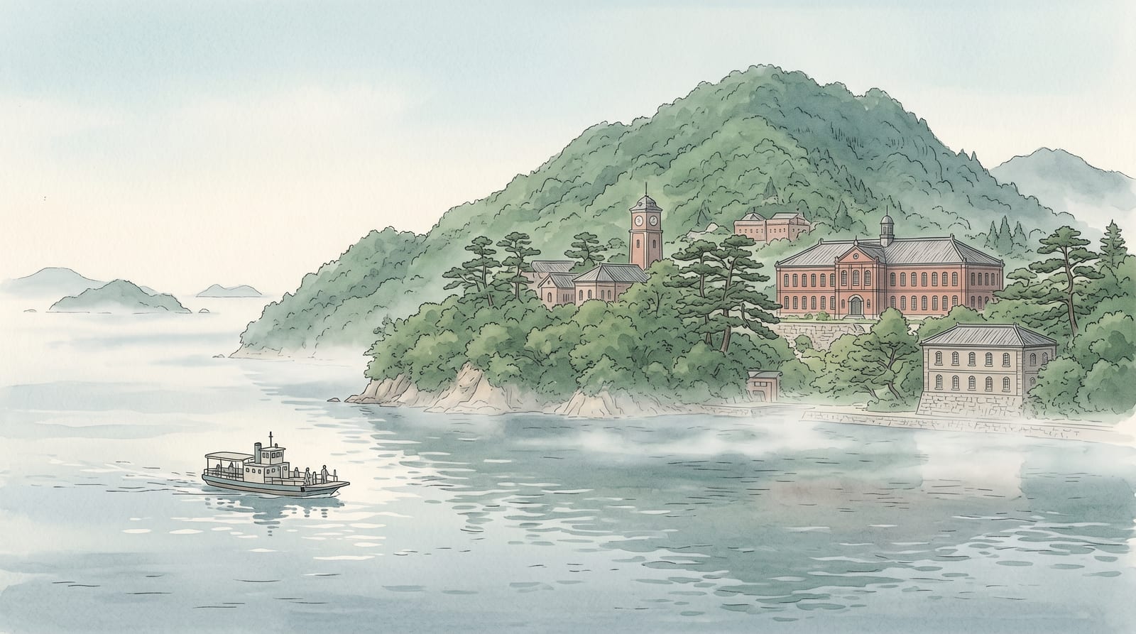 Illustration of Etajima island from the water, viewed from a ferry crossing the Seto Inland Sea — the green-forested island rising from calm grey-blue water, the white-and-red buildings of the naval academy visible through the pines on the hillside, morning mist over the water. Editorial watercolor in quiet blue-green and grey tones.