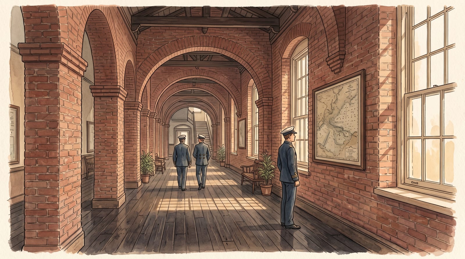 Illustration of the interior corridor of the Etajima Midshipmen's Hall — a long hallway of red-brick arches and dark wooden floorboards, afternoon light entering through tall windows on the right, casting diagonal shadows across the floor. The perspective leads to a distant doorway. Editorial watercolor in brick red, cream, and shadow tones.