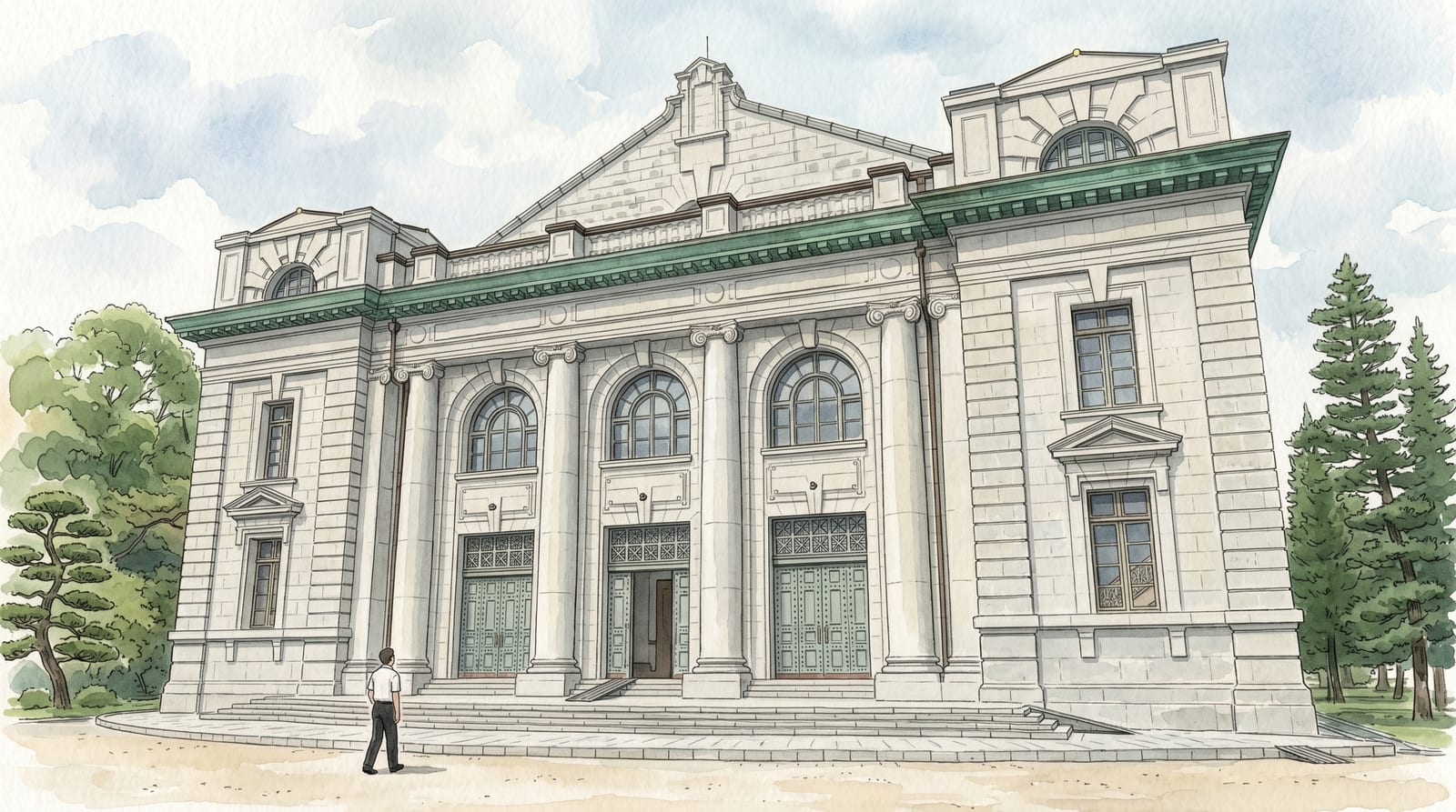Illustration of the Grand Auditorium at the Etajima Naval Academy — a granite ceremonial hall with engaged stone columns and tall arched windows above wide stone steps, pale granite facade catching daylight, flanked by carefully trimmed pine trees. Formal and austere. Editorial watercolor in grey stone and green tones.