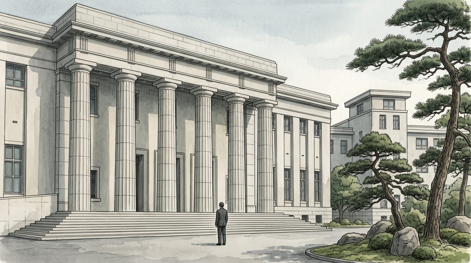 Illustration of the Educational Reference Hall at the Etajima Naval Academy — a pale granite neoclassical building fronted by a colonnade of tall stone columns, approached by stone steps among mature pine trees, quiet and solemn. Editorial watercolor in pale stone, green, and shadow tones.