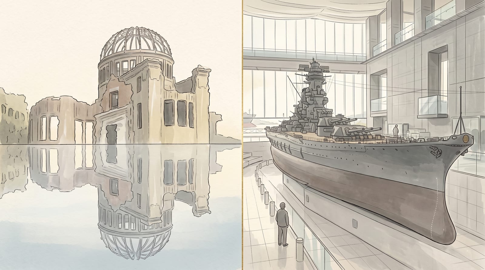 Illustration split down the middle: on the left, the Atomic Bomb Dome's skeletal frame reflected in the still Motoyasu River at early morning light; on the right, the grey 1:10 scale model of battleship Yamato suspended in the Yamato Museum atrium. A single thin gold line connects the two halves like a horizon. Editorial watercolor in muted cream, grey, and pale gold.