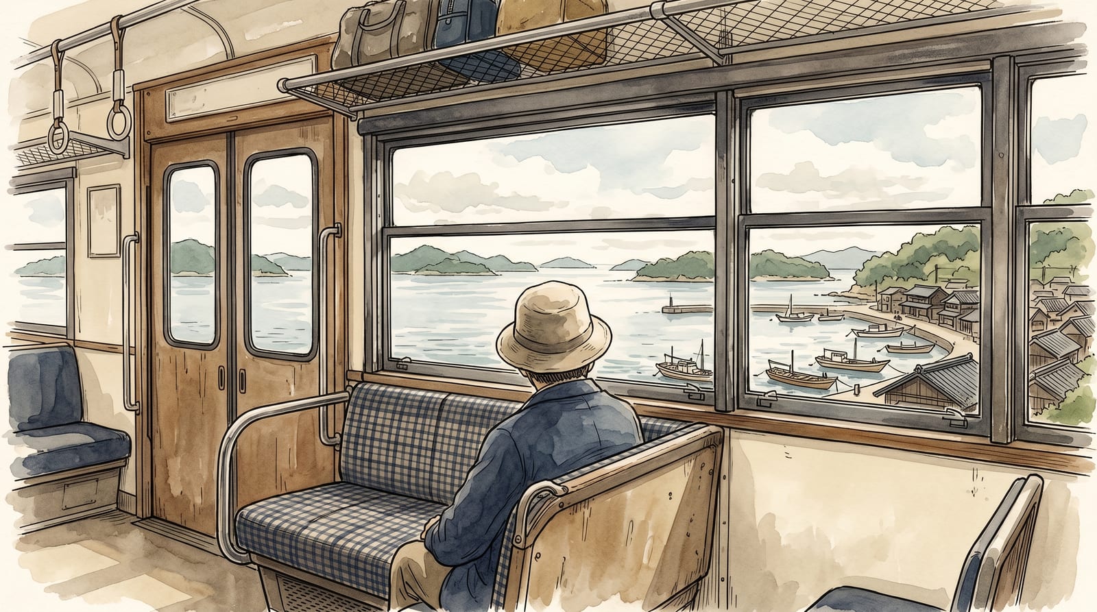 Illustration of the interior of a JR Kure Line train carriage on the approach to Kure: a single passenger in a hat seated on the bench seat, seen from behind, looking out the large window at the Seto Inland Sea with low green islands, a small fishing harbour and moored boats, in warm late-morning light. Editorial watercolor in muted historical palette (cream, sepia, navy).