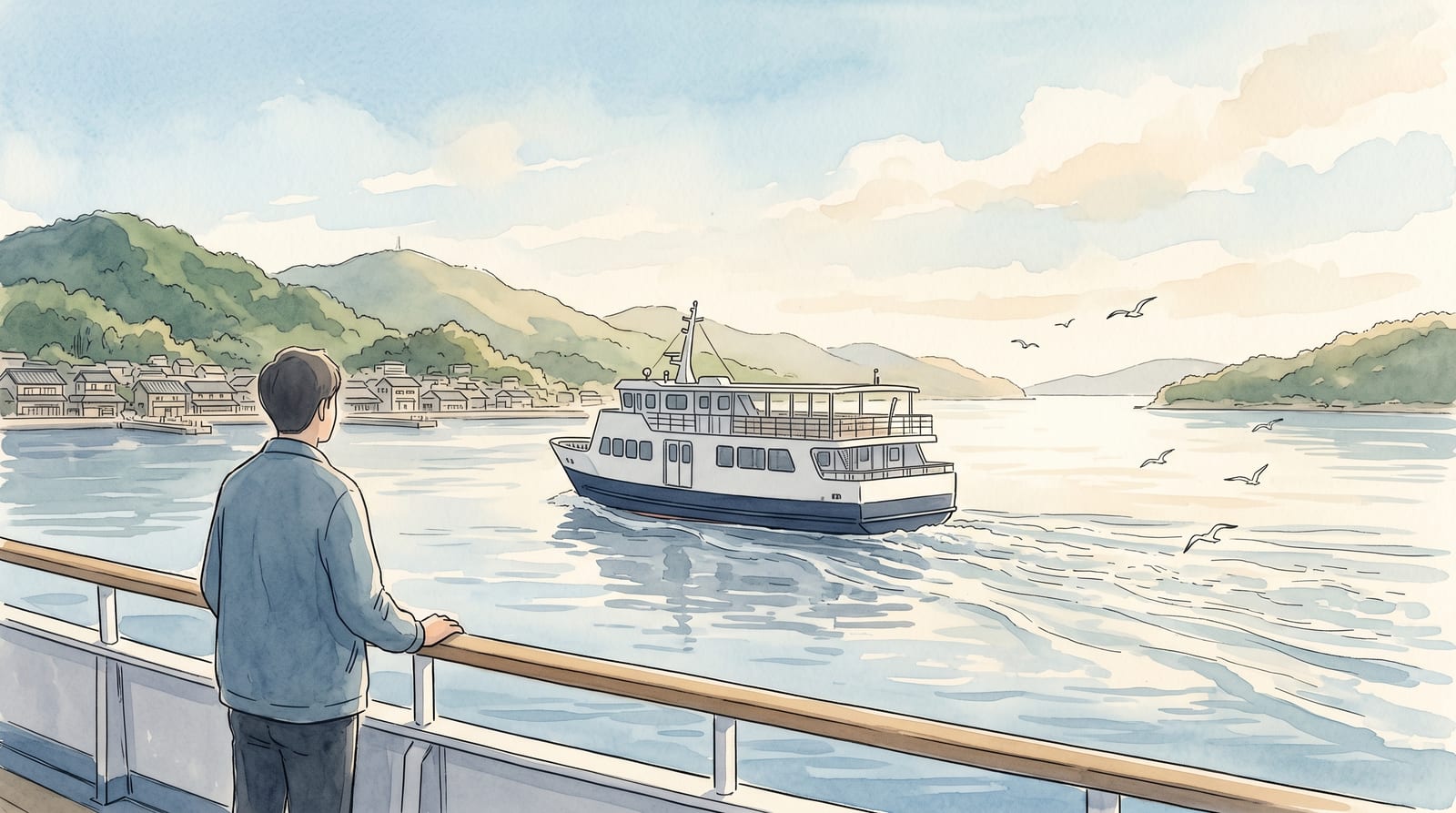 Illustration of a Setonaikaikisen passenger ferry crossing the calm Seto Inland Sea toward Kure, low islands on the horizon and gulls trailing the wake, soft afternoon haze. Editorial watercolor in muted navy and pale-sky palette.