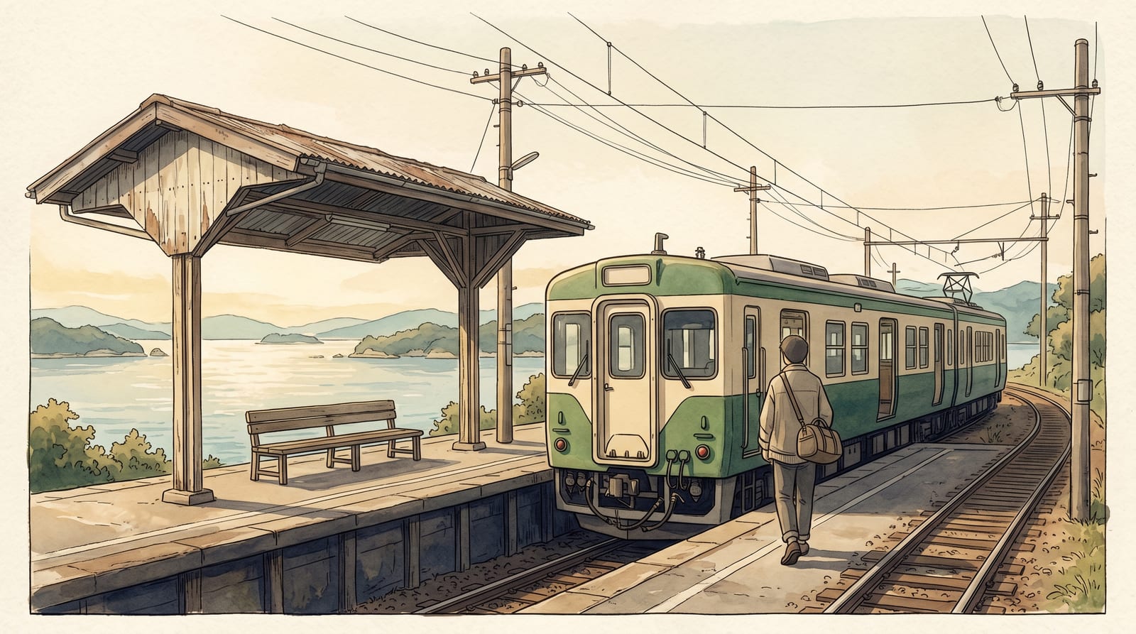 Illustration of a green-and-cream JR Kure Line local train waiting at a quiet coastal platform, the Seto Inland Sea visible beyond the tracks, a few passengers boarding in mid-morning light. Editorial watercolor in muted historical palette.