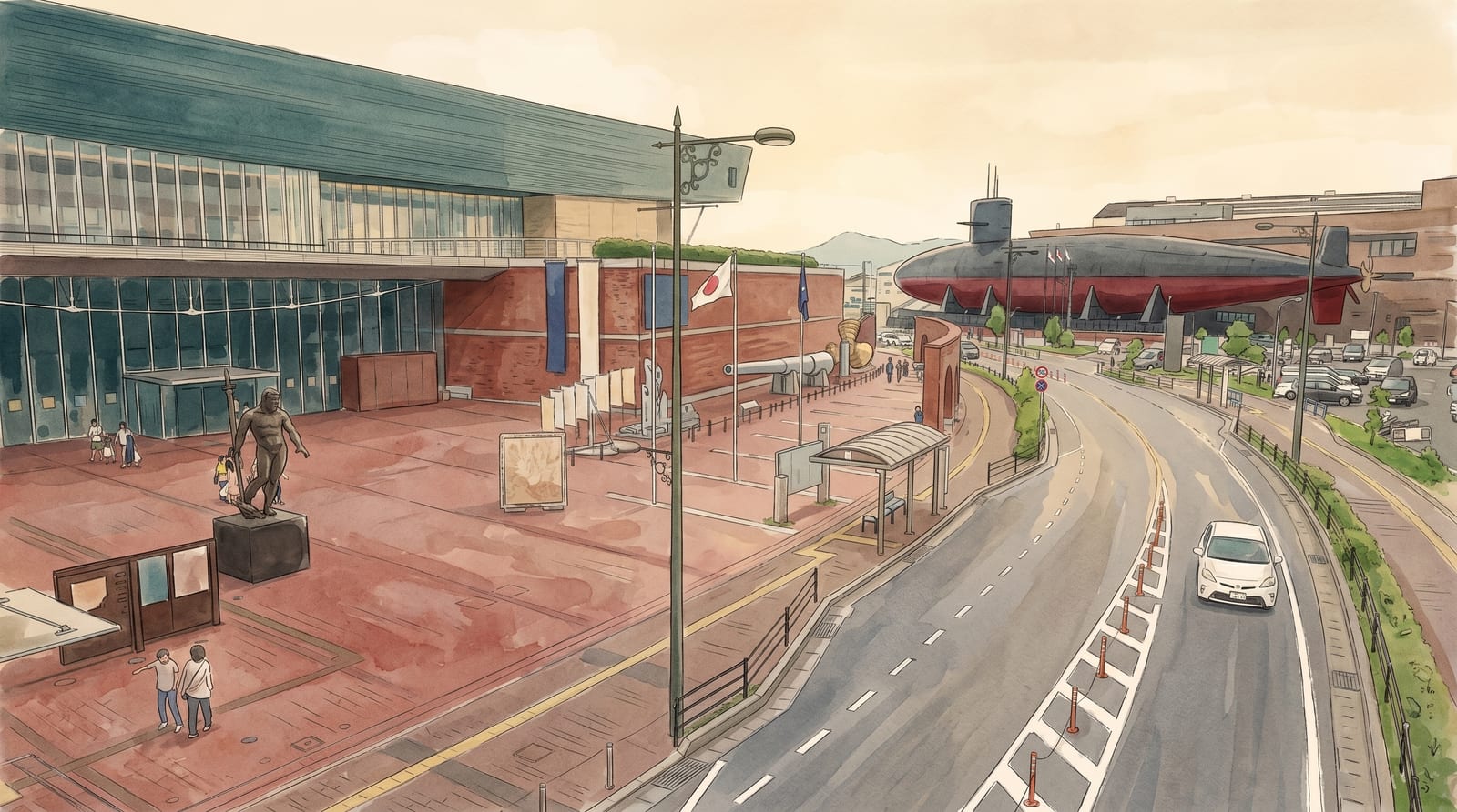 Illustration of the Kure waterfront museum plaza seen from the station side: the large naval gun shell sculpture in the foreground, a curved modern museum building on the left, a black submarine resting beside a building on the right, a few visitors crossing the brick plaza. Editorial watercolor in muted historical palette.