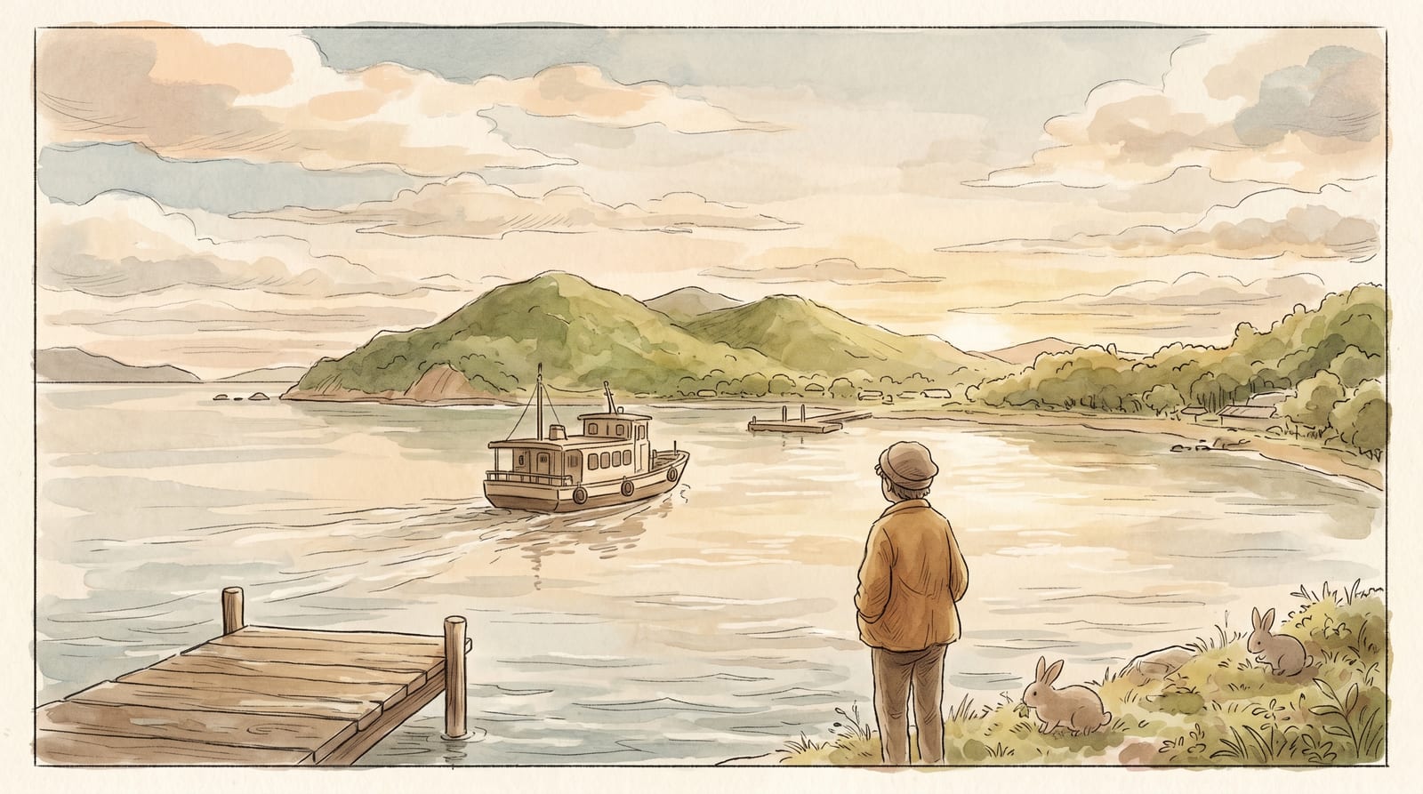 Illustration of the small Tadanoumi Port ferry crossing calm water toward the green hump of Okunoshima island, a few rabbits suggested on the near shore, soft morning light over the Seto Inland Sea. Editorial watercolor in muted blue-green and warm sand tones.