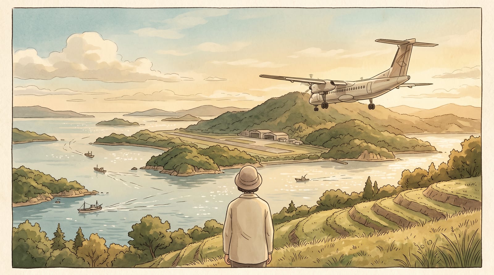 Illustration of a passenger plane on final approach descending over the green hills and inlets of the Seto Inland Sea toward a hillside airport, soft morning light, the sea dotted with small islands below. Editorial watercolor in pale gold, blue, and green.