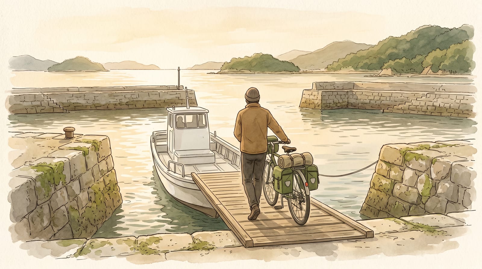 Illustration of a cyclist wheeling a touring bicycle up the ramp onto a small coastal car ferry at a quiet port, panniers loaded, the Seto Inland Sea calm behind, early light. Editorial watercolor in warm grey, sage, and pale blue.