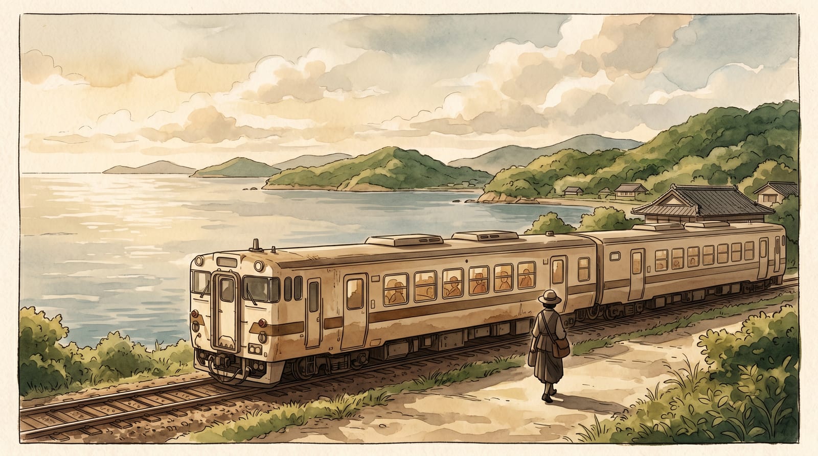 Illustration of a two-car local train running along the Seto Inland Sea coastline, the calm sea and low green islands to one side, a few passengers visible through the windows, soft afternoon light. Editorial watercolor in muted blue, sage, and warm cream.