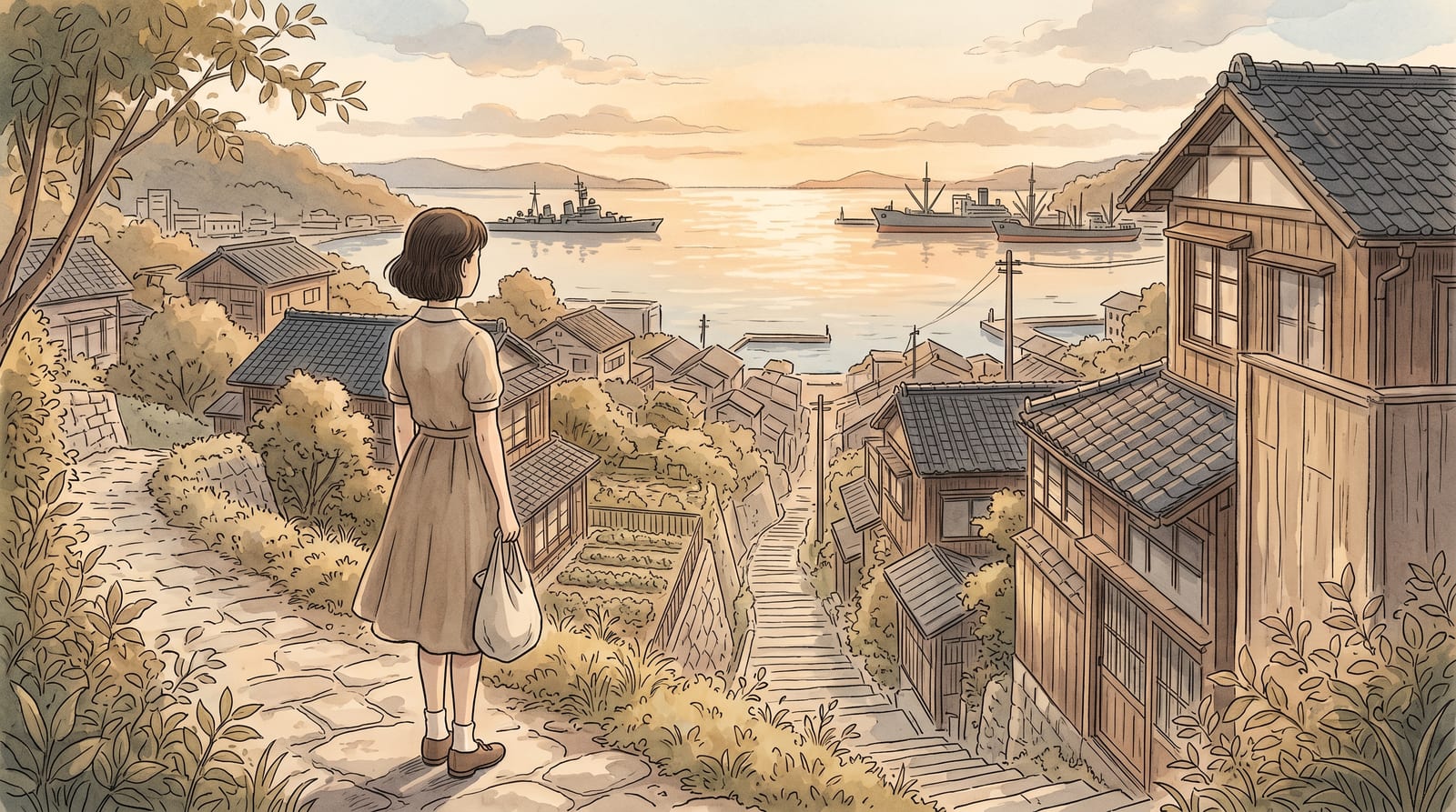 Illustration of a 1940s Kure hillside neighbourhood at golden hour: wooden houses with tile roofs stepping down a slope toward a calm harbour, a single young figure in a simple dress standing on a stone path with her back to us, looking out over the water. Editorial watercolor in muted historical palette (cream, sepia, navy), evoking the atmosphere of In This Corner of the World.