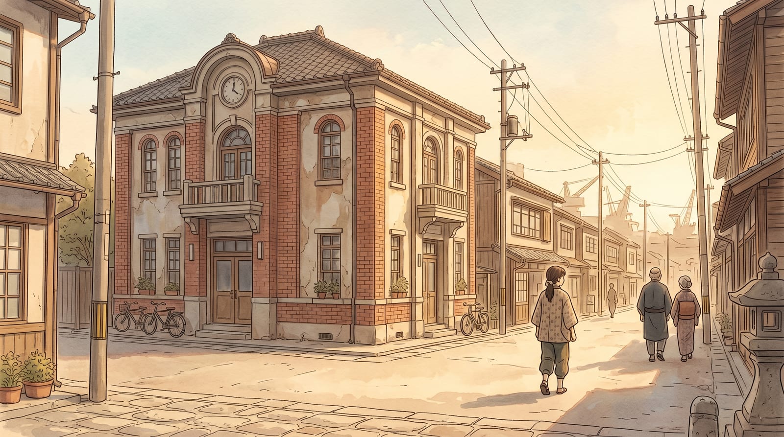 Illustration of a stately early-Showa era brick and stucco public hall on a Kure street corner, 1940s naval-town atmosphere, a couple of pedestrians passing at mid-distance seen from behind, warm late-afternoon light. Editorial watercolor in muted historical palette.
