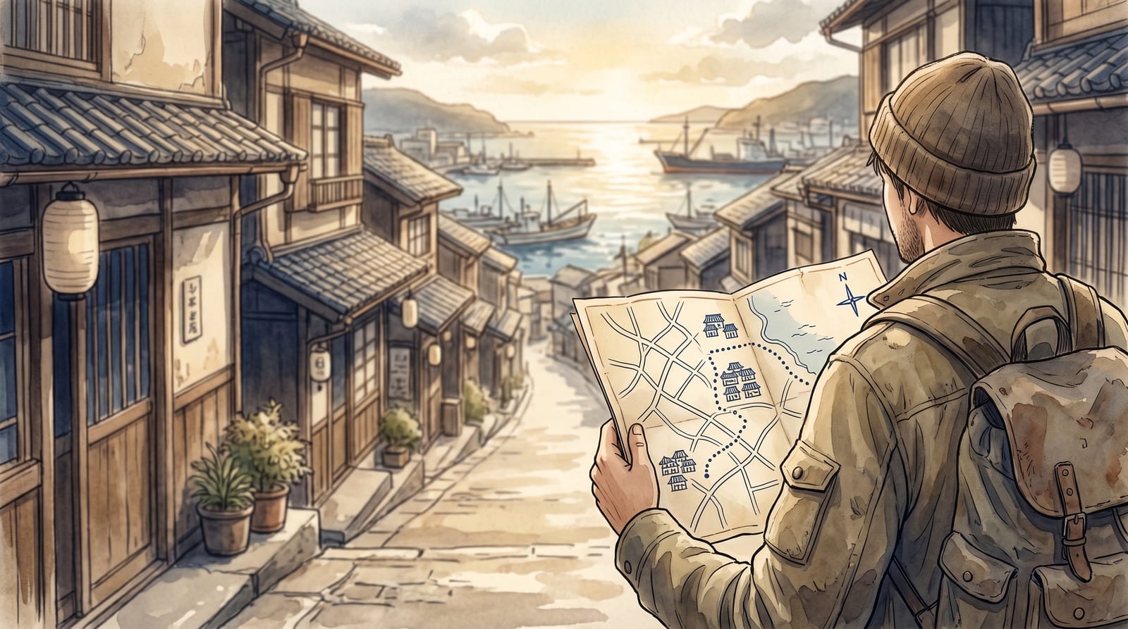 Illustration of a traveler's hands holding an open hand-drawn paper map on a Kure street, soft watercolor lines marking a walking route between small buildings and a harbour, warm afternoon light. Editorial watercolor in muted historical palette.