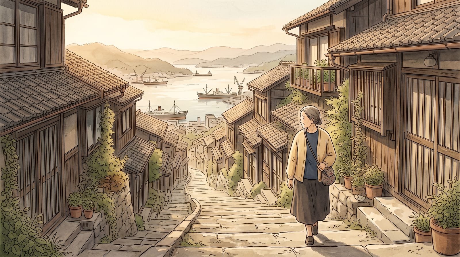 Illustration of a quiet Kure hillside lane of stone steps between wooden houses, climbing toward a view of the harbour and distant hills, a single walker partway up seen from behind, soft morning light. Editorial watercolor in muted historical palette.