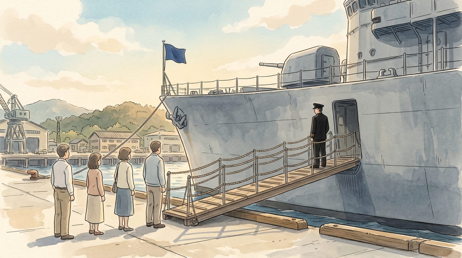 Illustration of visitors queuing at the gangway of a berthed JMSDF destroyer at the Kure naval base on a clear Sunday afternoon — the grey steel hull rising above the pier, JMSDF flag at the stern, a uniformed officer standing at the top of the gangway, and three or four civilian visitors in light clothing waiting to board. Editorial watercolor in muted grey-blue and cream palette.