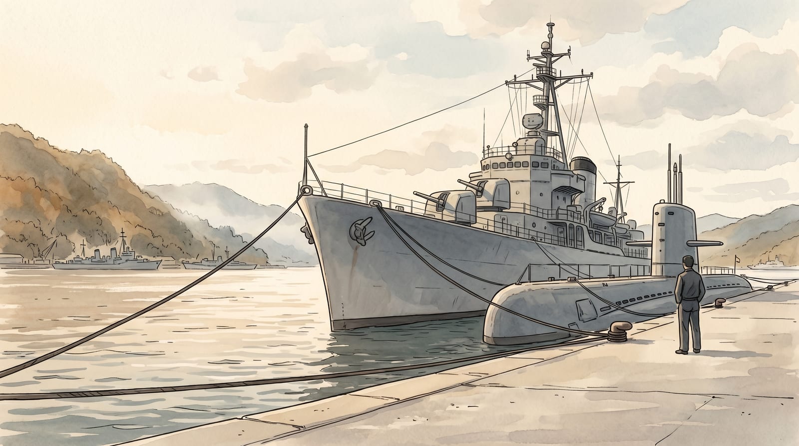 Illustration of a JMSDF destroyer and a submarine berthed side by side at the Kure naval base mooring district, viewed from the pier at close range. Grey hulls, mooring lines crossing the frame, morning haze over the Seto Inland Sea in the background. Editorial watercolor in muted steel-grey and blue palette.
