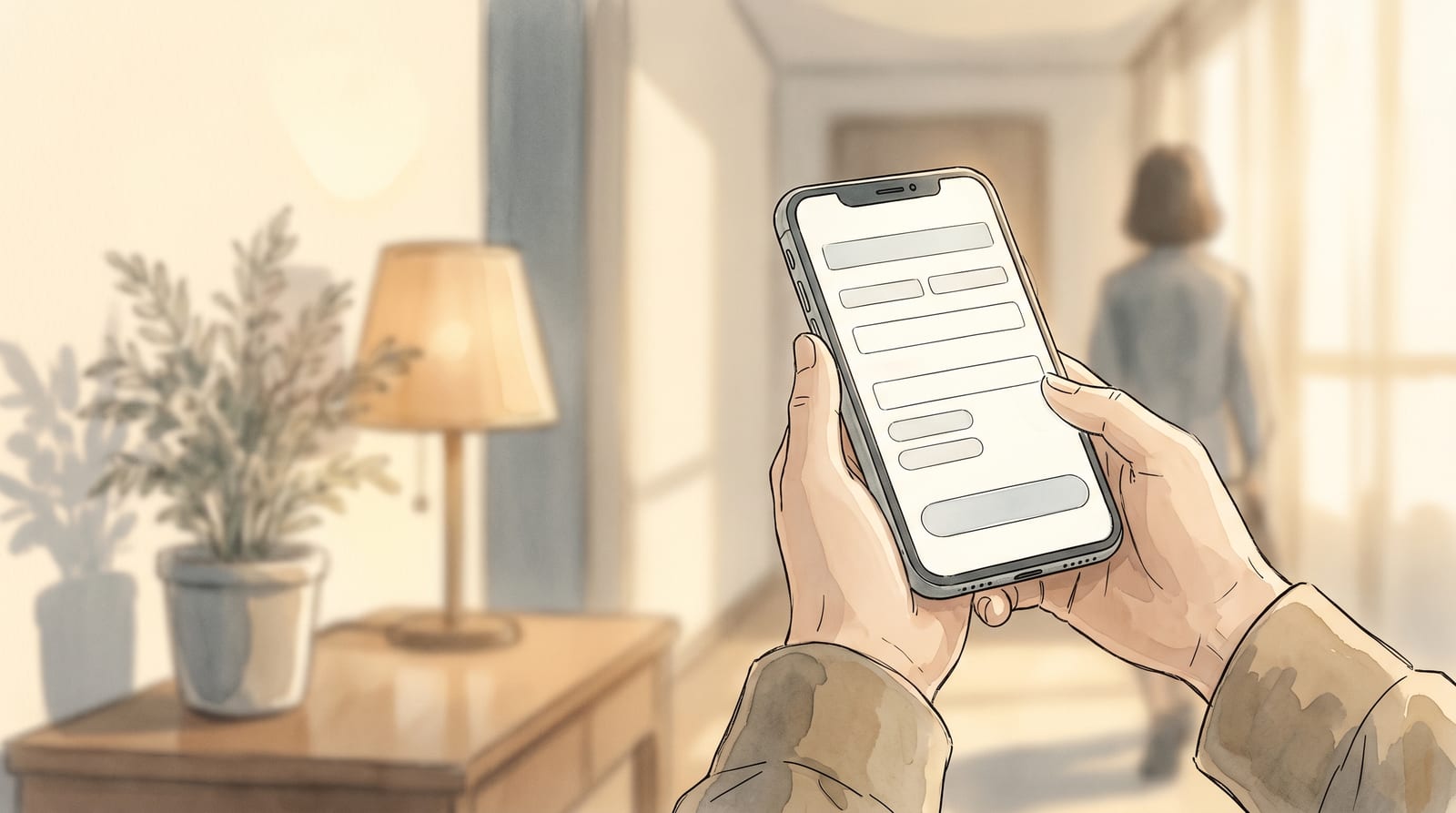 Illustration of a person's hands holding a smartphone, the screen showing a Japanese-language application form with several input fields — a close-up, focused composition with soft background bokeh. Editorial watercolor in muted tones.