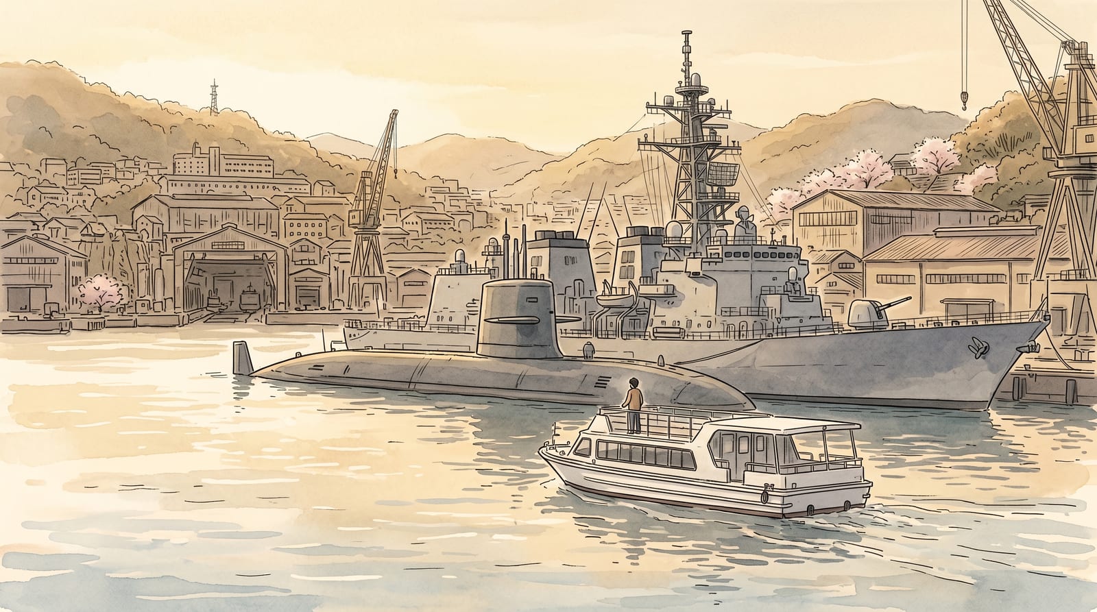 Illustration of the Kure harbor warship cruise boat passing close to a berthed JMSDF submarine and destroyer at the Kure naval base, viewed from the water — grey hulls in the background, calm harbor, small white tour boat in the foreground. Editorial watercolor in muted steel-blue palette.