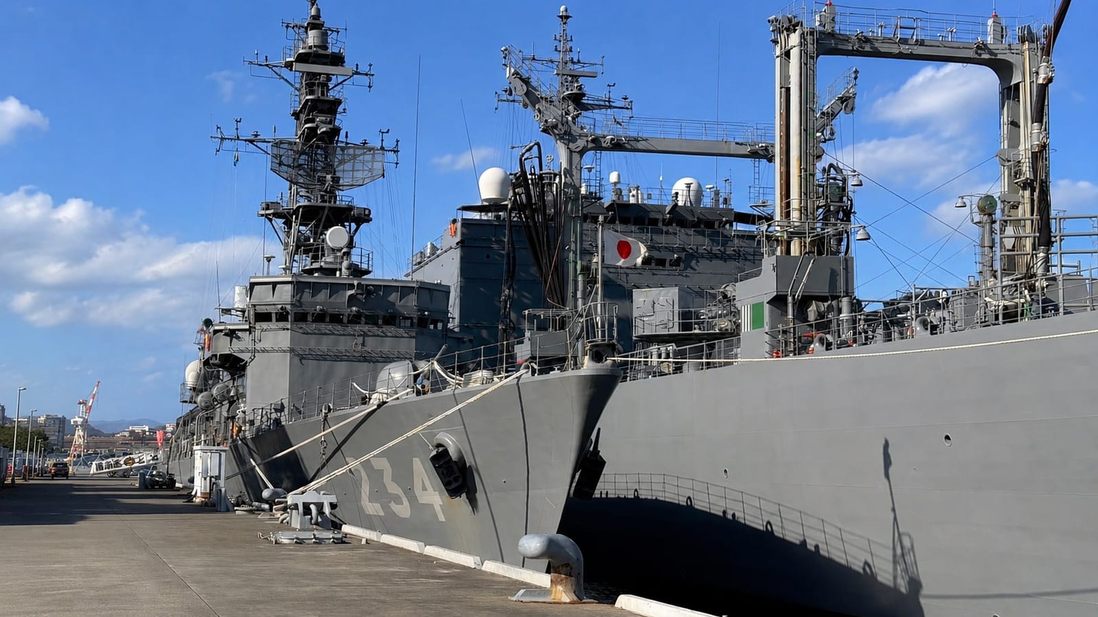 The destroyer escort JS Tone (DE-234) and a support vessel alongside the pier at the JMSDF Kure base, photographed from the quay during an open-ship day.