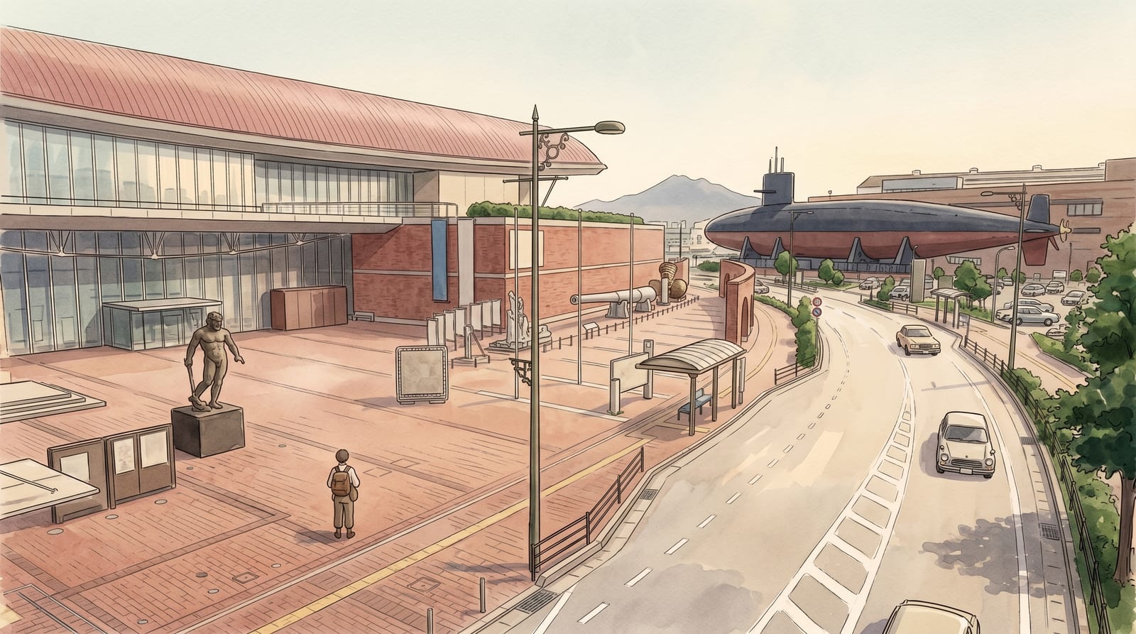Illustration of the JMSDF Kure Museum building exterior in Kure at midday: a large dark navy-coloured building with a real 76-meter submarine positioned along its flank at ground level, the submarine's hull painted black against the pale Seto Inland Sea sky, a small group of visitors at the entrance plaza. Editorial watercolor in muted modern palette (navy, charcoal, pale sky).