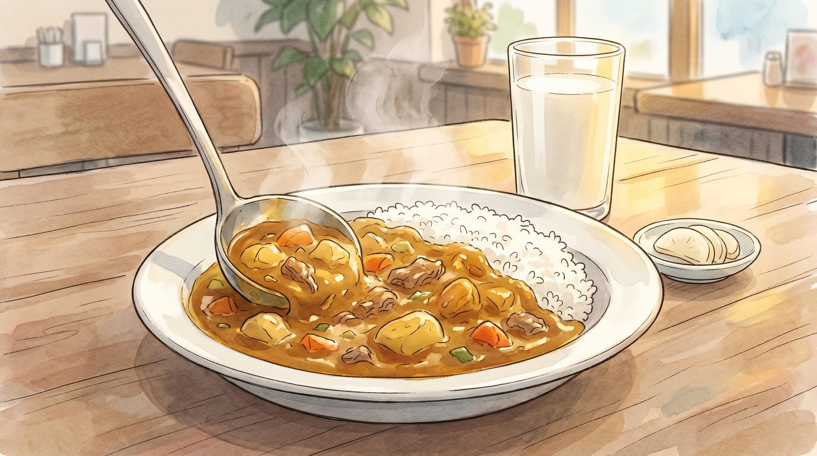 Illustration of a Japanese naval-style kaigun curry plate served at a Kure cafe near the museum quarter — generous golden curry on white rice on a wide ceramic plate, pickled vegetables to the side, a glass of milk, wooden table, casual dining atmosphere. Editorial watercolor in warm food palette.