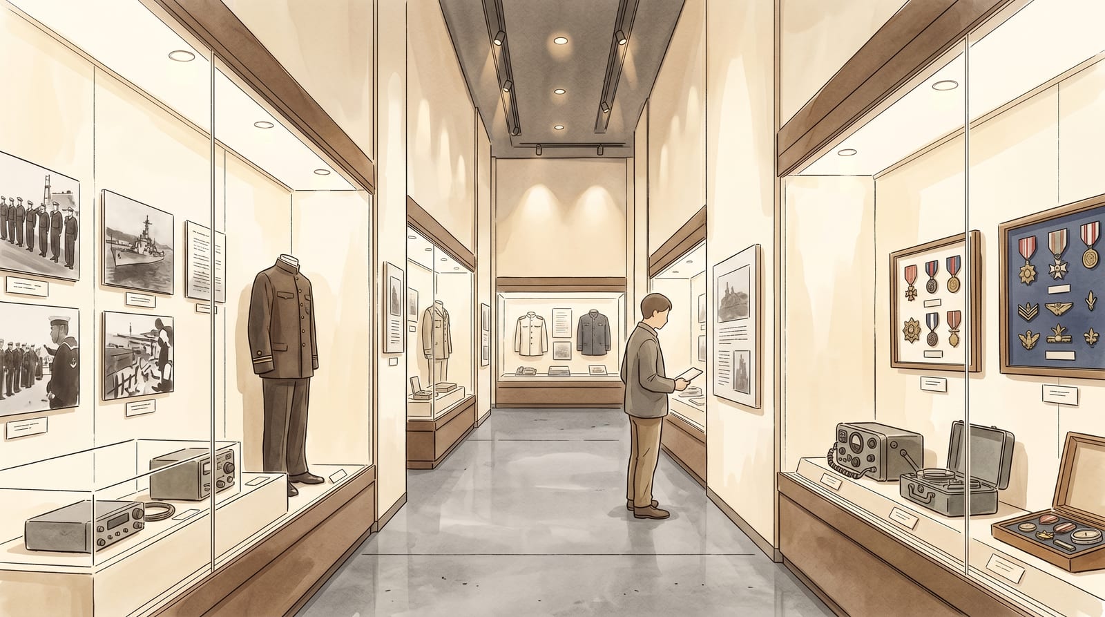 Illustration of the first floor of the JMSDF Kure Museum: display cases showing naval uniforms, historical photographs, and early postwar minesweeping equipment, with high ceilings and clean modern exhibition lighting. A visitor figure examines an exhibit panel. Editorial watercolor in muted palette (grey, navy, warm white).