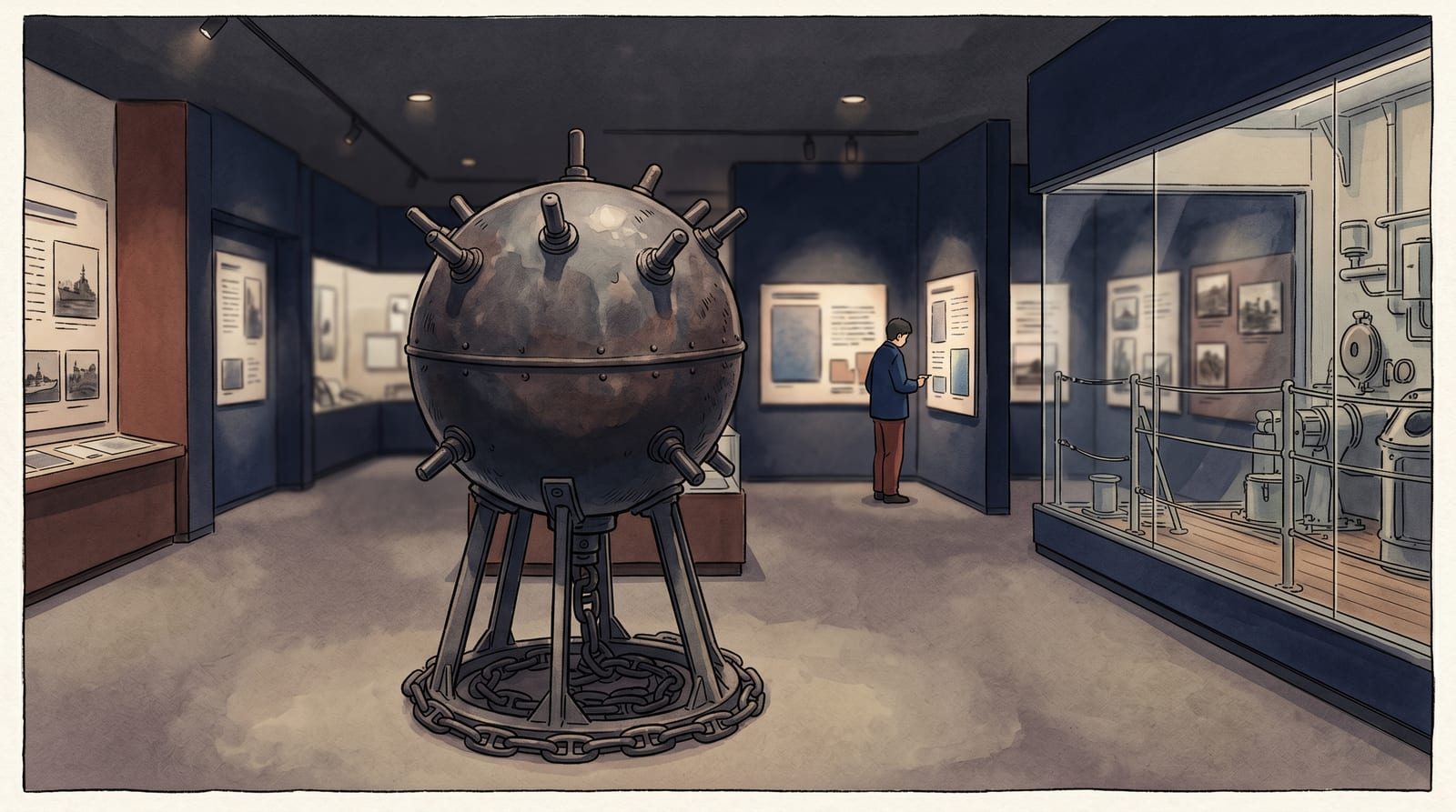 Illustration of the minesweeping exhibition on the second floor of the JMSDF Kure Museum: a full-scale replica of a naval mine in the centre of the gallery, QR code panels along the walls, a section of minesweeper deck visible behind glass, dim focused exhibition lighting. Editorial watercolor in muted navy and rust palette.