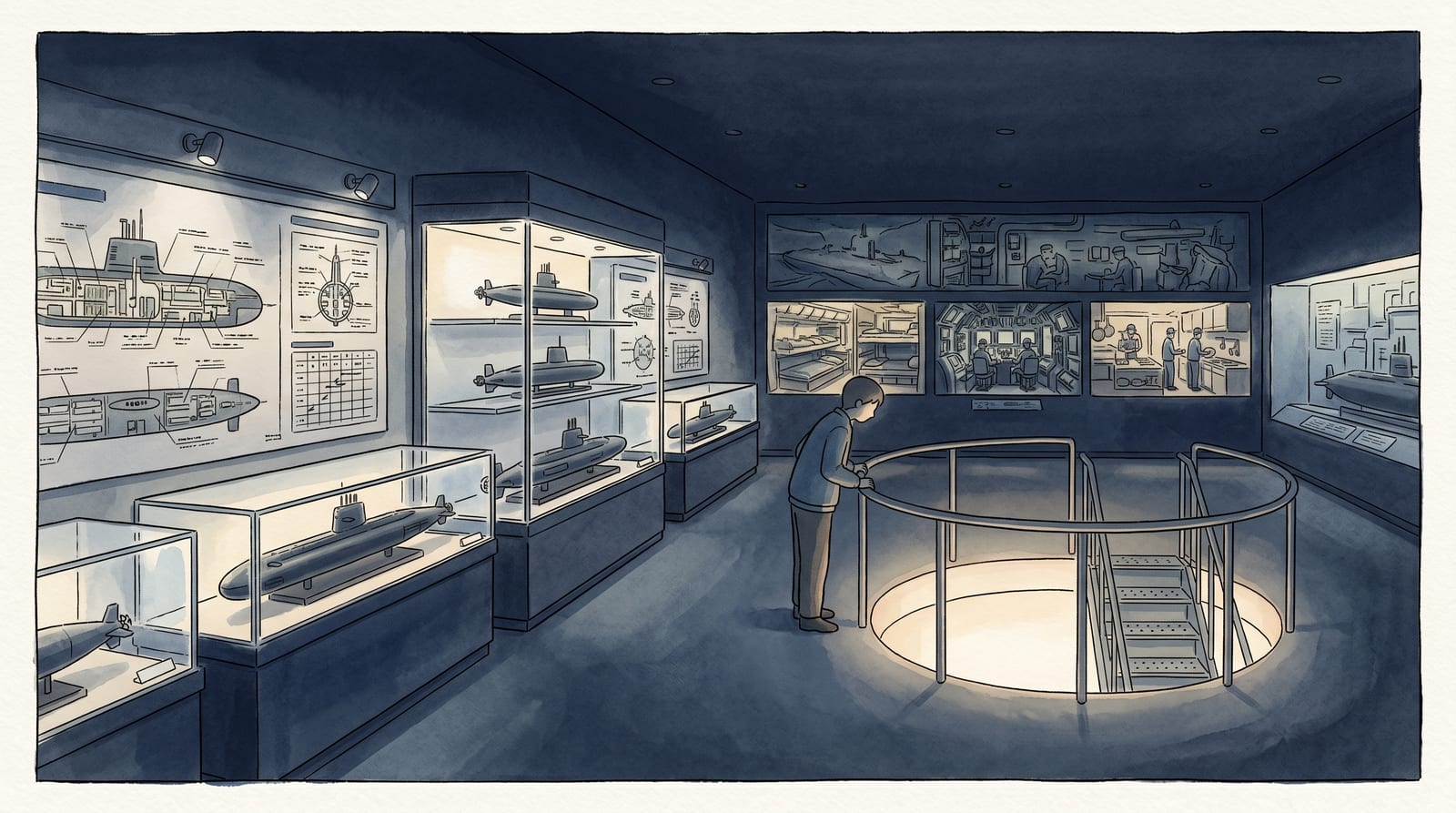 Illustration of the third floor submarine activities gallery of the JMSDF Kure Museum: scale models of Yushio-class submarines in a display case, crew life dioramas, a circular hatch opening in the floor leading to the connecting corridor toward the Akishio submarine. Atmospheric dim lighting with focused spotlights. Editorial watercolor in deep navy and steel grey.