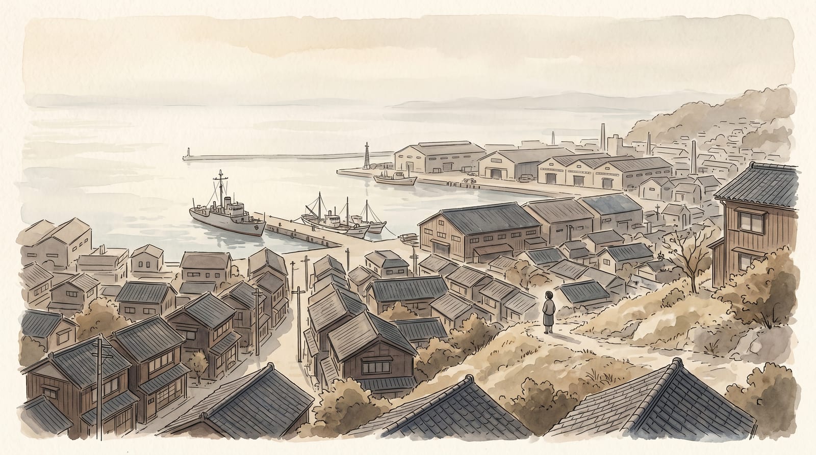 Illustration of Kure harbour in the early postwar period, 1945–1950: a modest Japanese port town viewed from the hillside, fishing boats and a small minesweeper in the foreground water, warehouses and modest residential rooftops against the hill, a pale overcast sky over the Seto Inland Sea. Editorial watercolor in muted sepia and blue-grey tones.