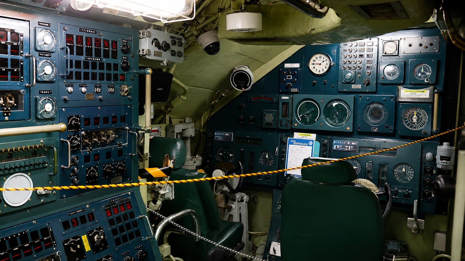 The Akishio's control room: two helm stations with control yokes surrounded by walls of instrument panels, dials, and a ship's clock, preserved as they were in service.