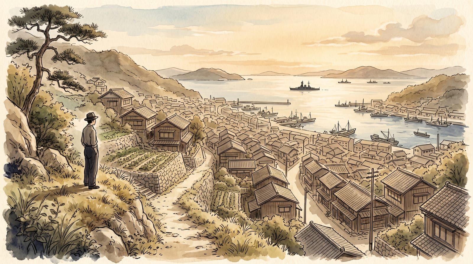 Illustration of Kure in the 1940s, viewed from a hillside above the town: traditional wooden houses with tile roofs cascading down narrow streets to the harbor, a distant battleship silhouette in the Seto Inland Sea, soft golden hour light, a single figure on the hillside in profile looking toward the harbor. Editorial watercolor in muted historical palette.