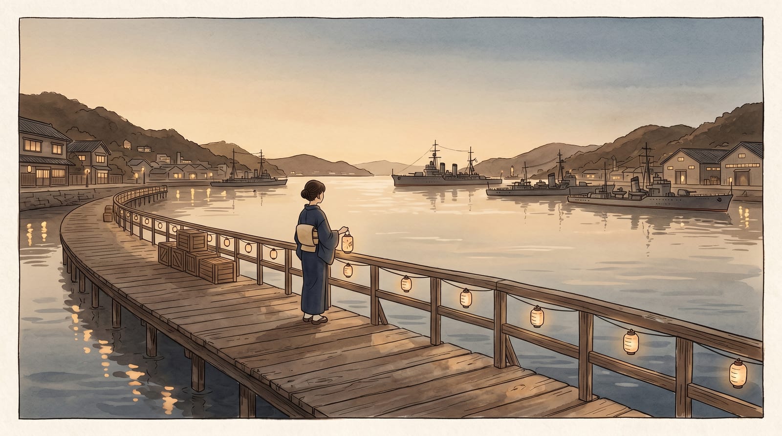 Illustration of the Kure waterfront on a clear summer evening, warships visible at anchor in the bay, harbour lights reflected on calm water, the pier and festival grounds quiet — no crowds, no fireworks. Editorial watercolor in dusk blues and amber.
