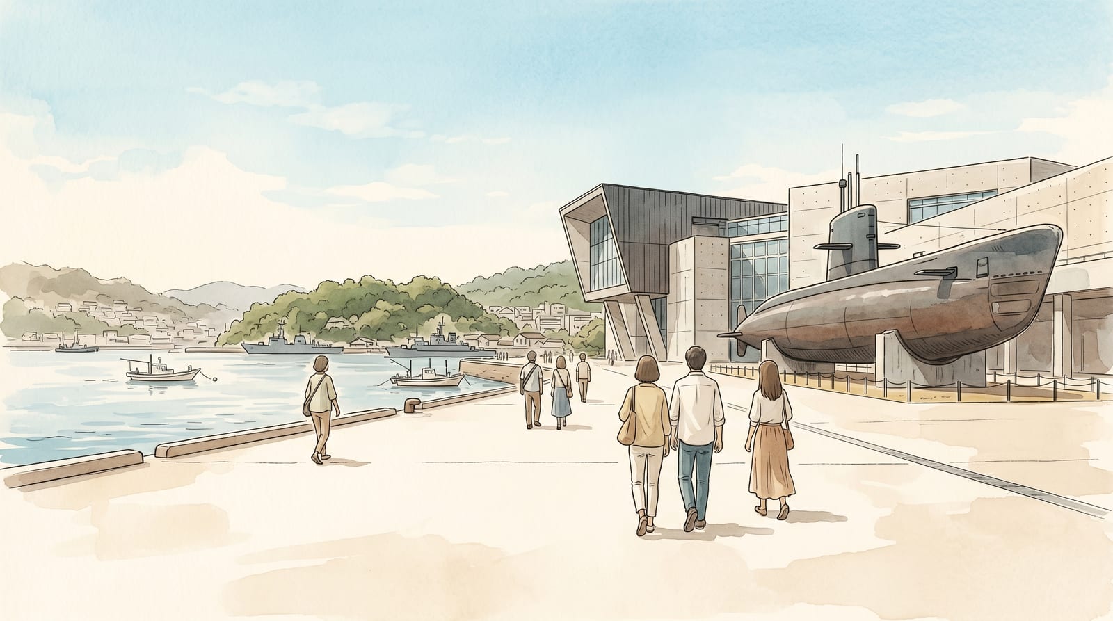 Illustration of a Kure harbour-front promenade on a sunny summer morning, a few visitors walking along the open waterside plaza, large modern museum architecture and a retired submarine displayed on land in the background. Editorial watercolor in bright coastal tones.