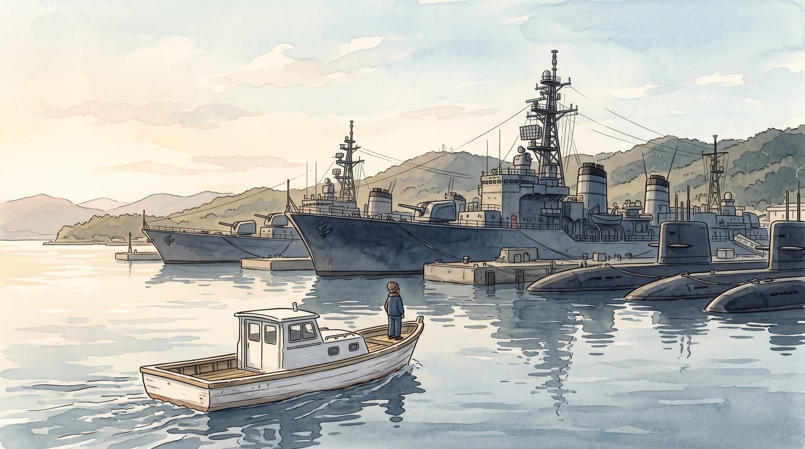 Illustration of the Kure harbor warship cruise boat passing close to berthed JMSDF submarines and destroyers at the Kure naval base, viewed from water level on a clear morning — the grey hulls of several vessels loom above the small tour boat, Seto Inland Sea light diffusing across the harbour, a single figure on the bow of the tour boat looking up at the ships. Editorial watercolor in muted steel-blue and grey palette.