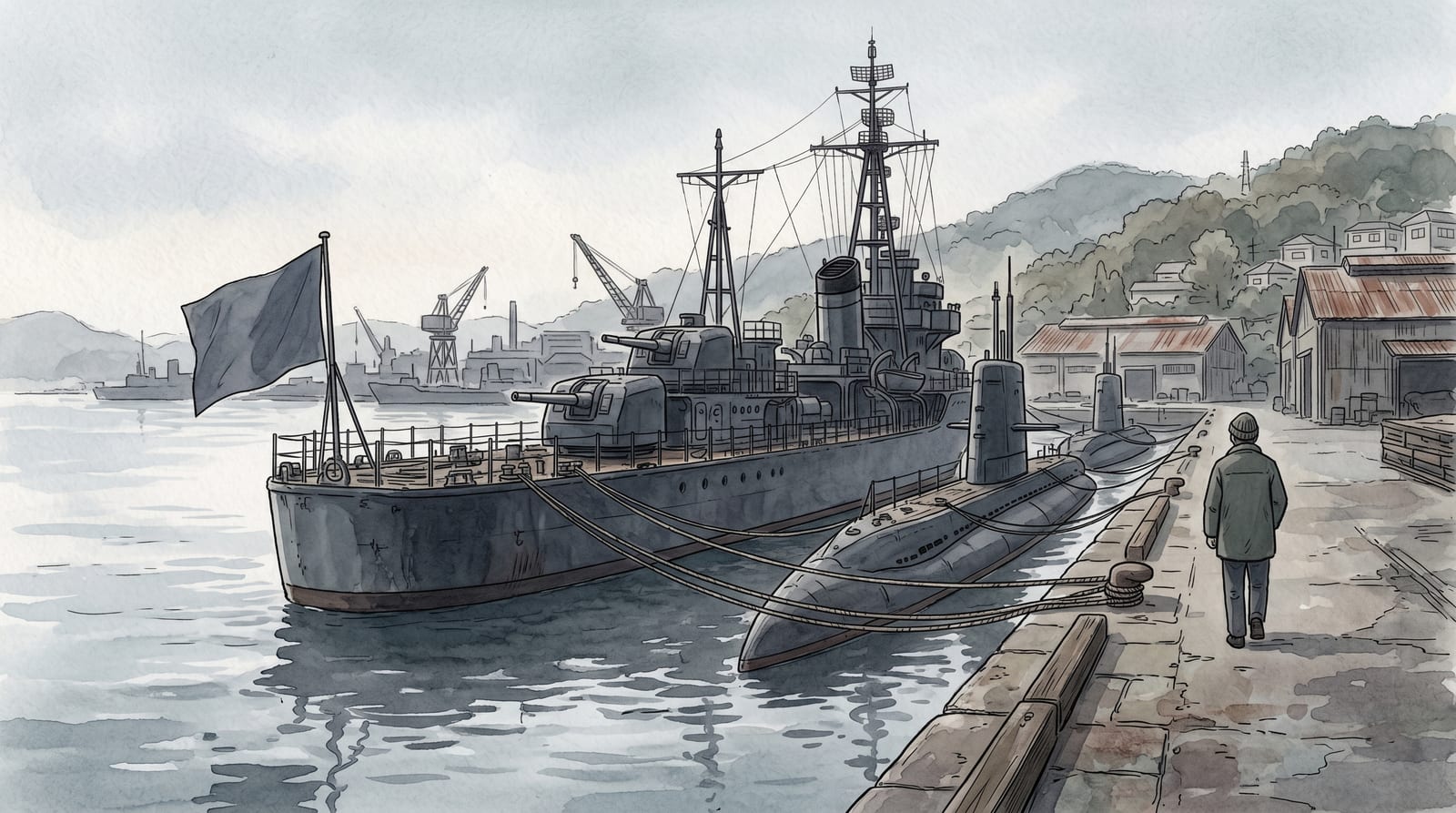 Illustration of JMSDF submarines and a destroyer berthed at Kure Naval Base viewed from the water, painted in editorial watercolor: dark grey submarine hulls, parallel mooring lines, a JMSDF flag at the stern of the nearest vessel, overcast morning sky, calm industrial harbour atmosphere.
