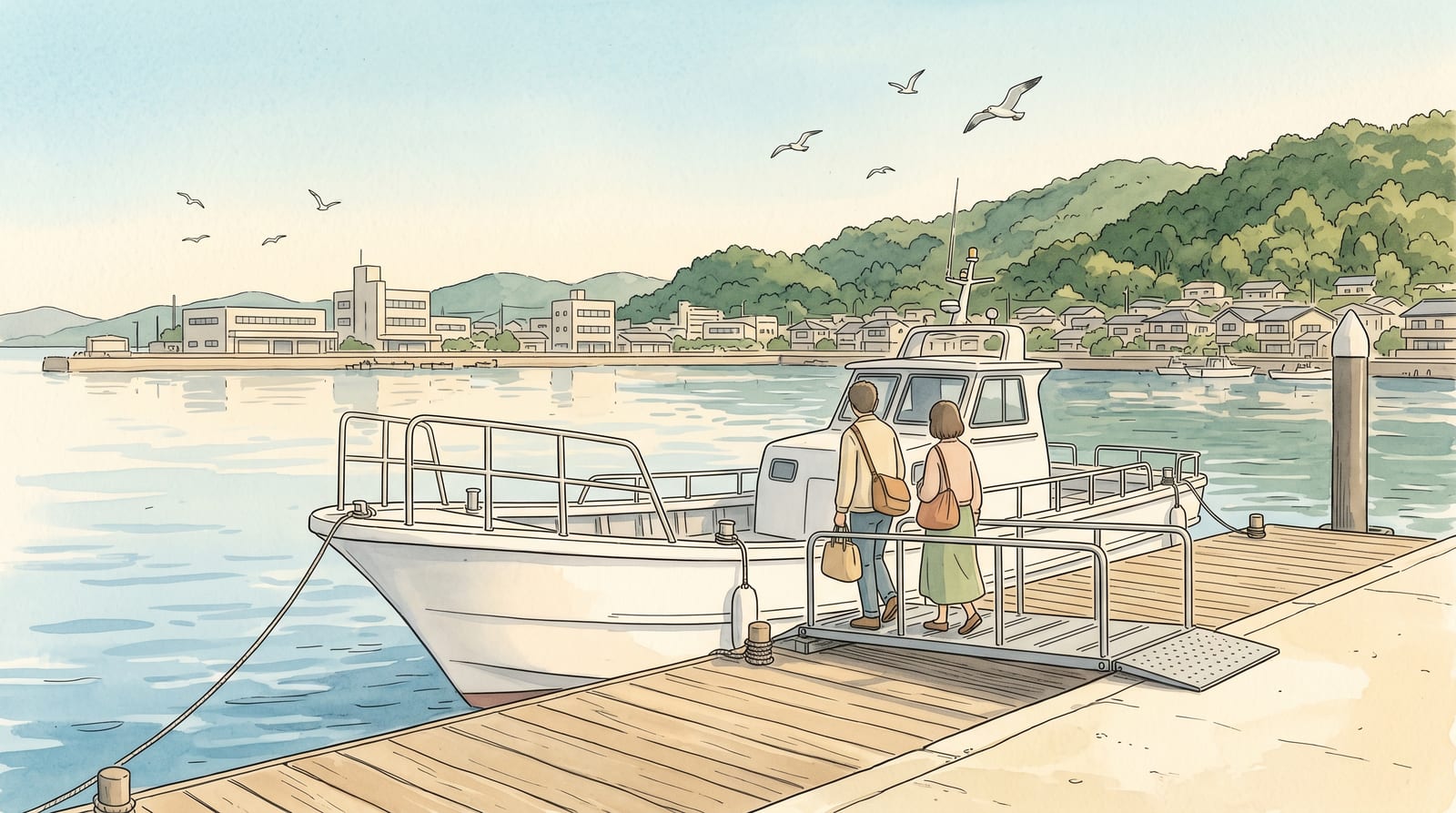 Illustration of passengers boarding a small white harbour cruise boat at the Kure waterfront on a clear morning: a short boarding ramp, two or three mid-distance travellers with small bags seen from behind, calm harbour water and soft low coastal buildings blurred in the background, gulls overhead. Editorial watercolor in muted coastal palette.