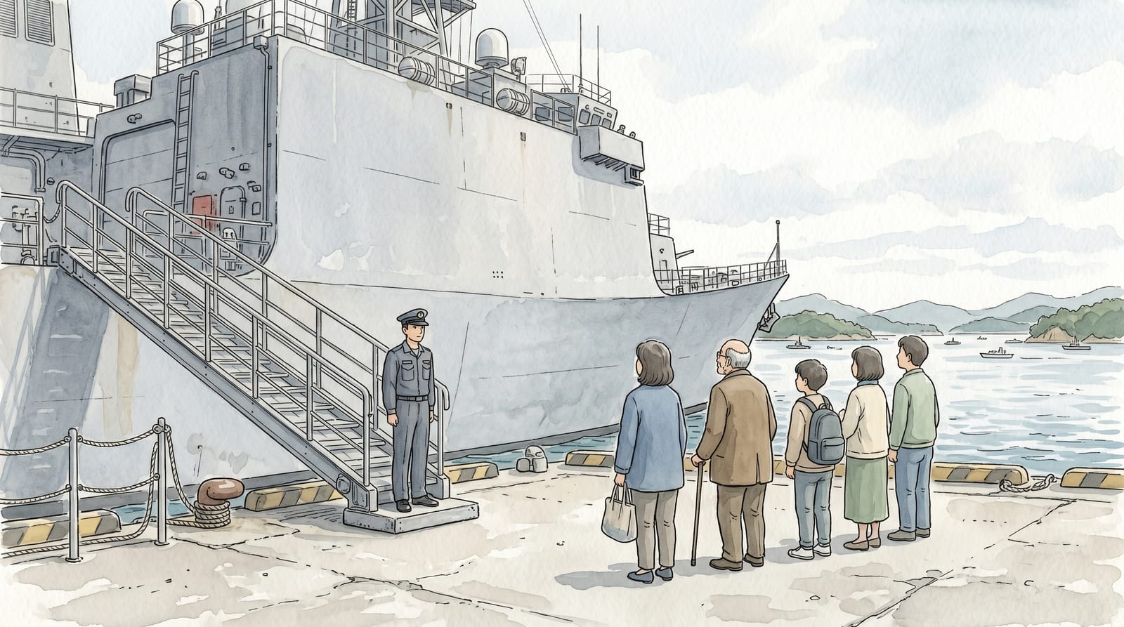 Illustration of a JMSDF general public ship-viewing event at Kure's Showa district pier: a small group of visitors in civilian clothes standing on the dock looking up at the hull of a grey JMSDF destroyer, security personnel in naval uniform at the gangway, a sunny Sunday afternoon atmosphere, the Seto Inland Sea in the background. Editorial watercolor in grey-blue and cream palette.