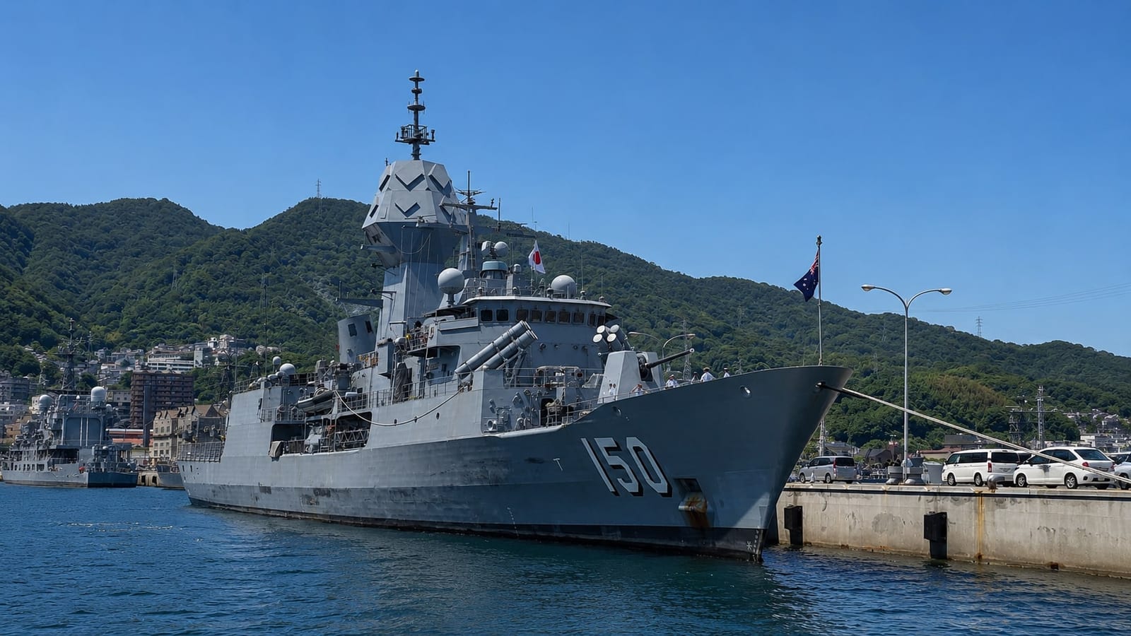 HMAS Anzac (150), an Australian frigate, berthed at Kure during a port call, with the green hills above the harbour behind her.