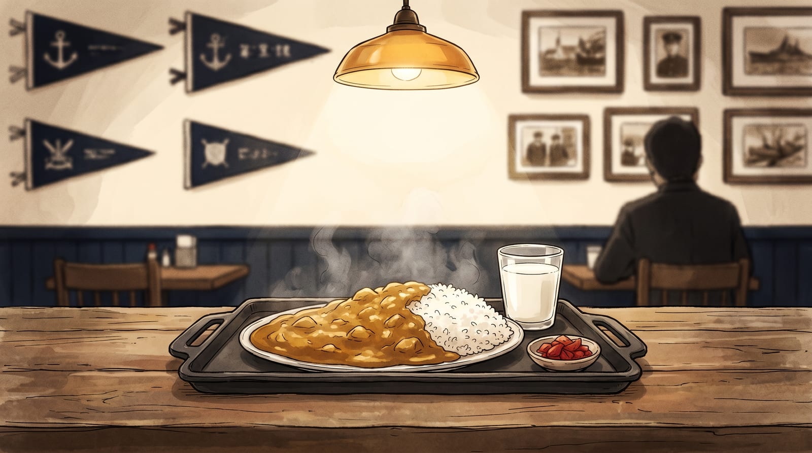 Illustration of a naval-style kaigun curry plate served on an iron teppan tray — a thick golden-brown curry sauce over white rice, a small glass of milk on the side, pickled vegetables, wooden table in a modest submarine-themed dining room with navy memorabilia on the walls. Editorial watercolor in warm amber and navy palette.