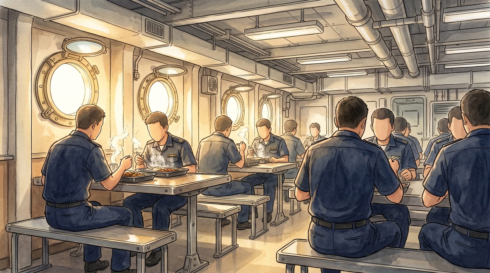 Illustration of the interior of a JMSDF ship's mess hall at lunch time — long metal tables, uniformed crew members seated with curry trays, the compact efficient dining space of a destroyer, golden light from portholes, gentle Seto Inland Sea visible through one window. Editorial watercolor in muted navy and warm gold palette.